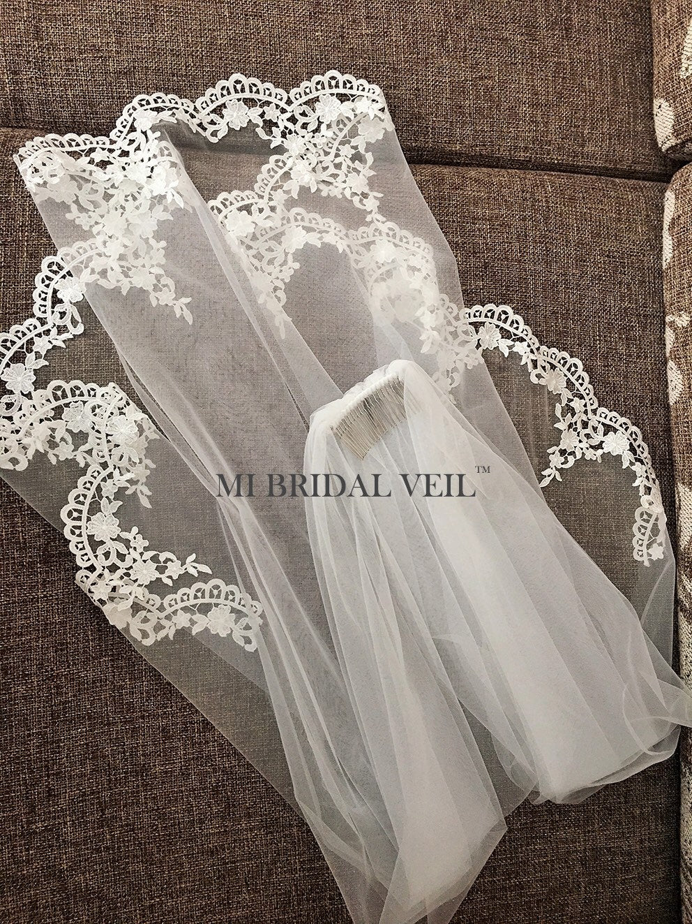 Elegant Venice Crochet Lace Wedding Veil - Ivory/White/Black Fingertip Length Bridal Veil by Mi Bridal | Perfect for Church Ceremonies, Beach Weddings & Vintage-Themed Nuptials