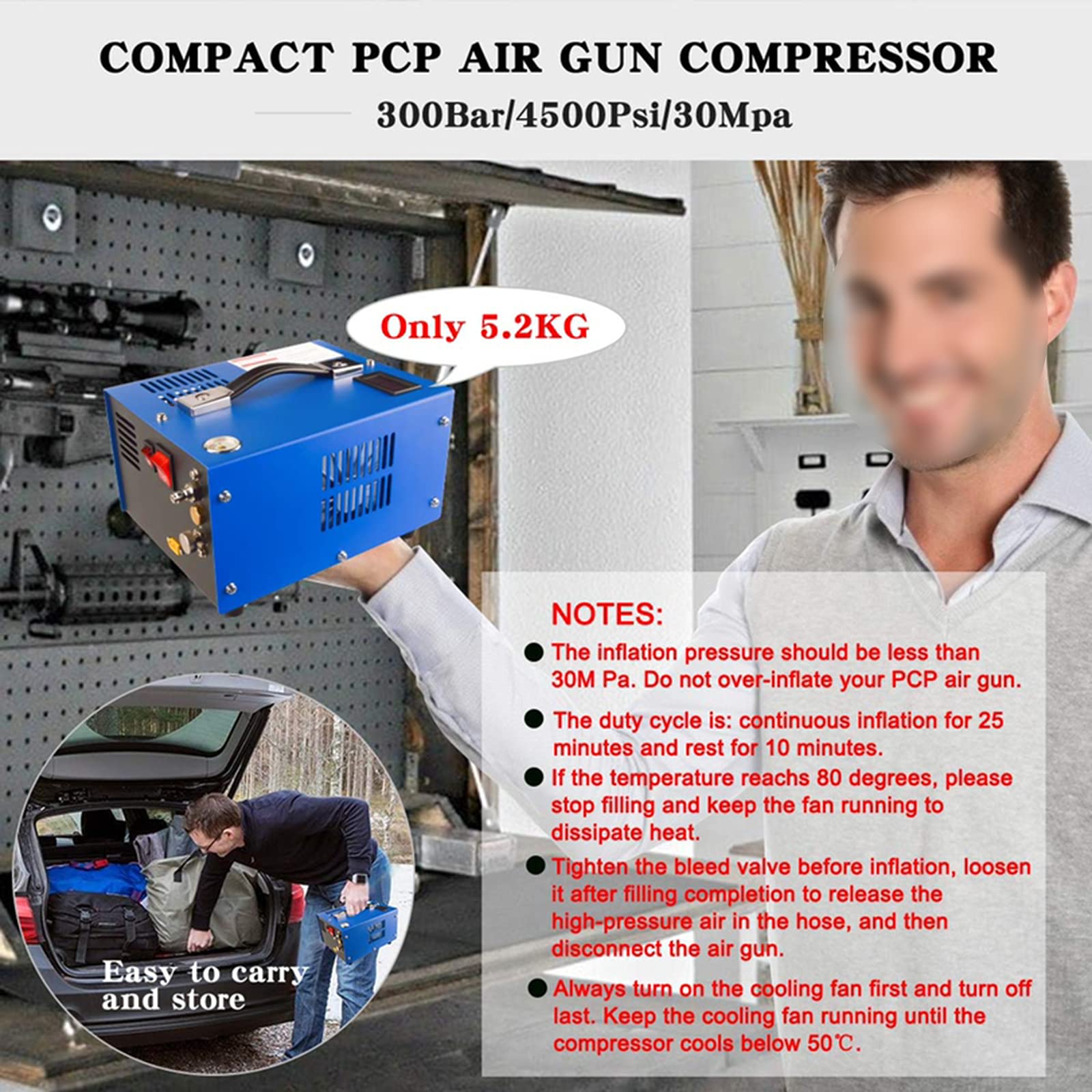 30MPa PCP Air Compressor 4500 PSI High Pressure Air Pump for PCP Rifles - 12V Portable Air Compressor with Built-in Transformer - Perfect for Hunting, Paintball & Outdoor Airgun Refills