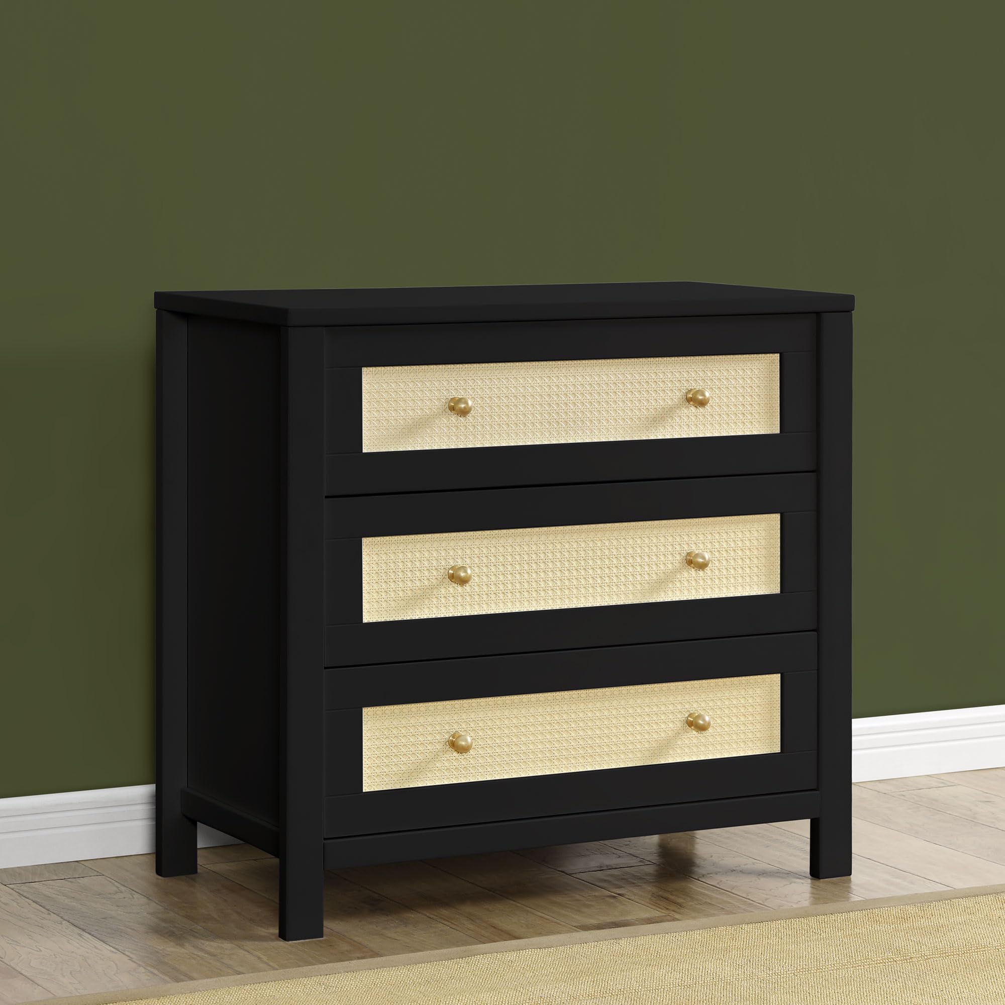 Simmons Kids Theo 3-Drawer Baby Dresser with Changing Table Top | Secure Interlocking Drawers | Black & Textured Almond Finish | Perfect for Nursery Organization & Diaper Changing Station