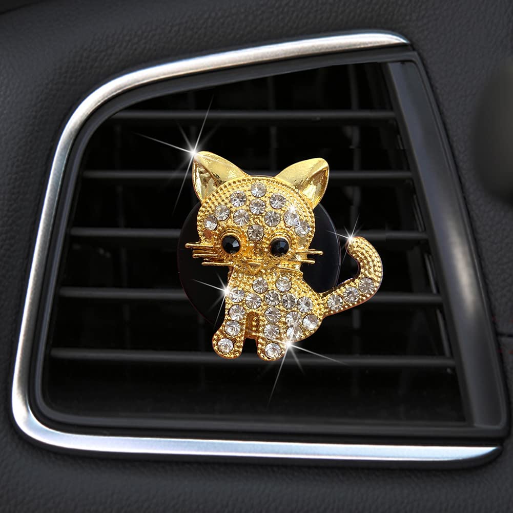Cute Kitten Car Perfume Clip - Rhinestone Bling Air Vent Essential Oil Diffuser & Aromatherapy Ornament | Car Accessories for Women, Girls, Teens | Perfect for Sedan, SUV, Truck Interior Decor & Freshening