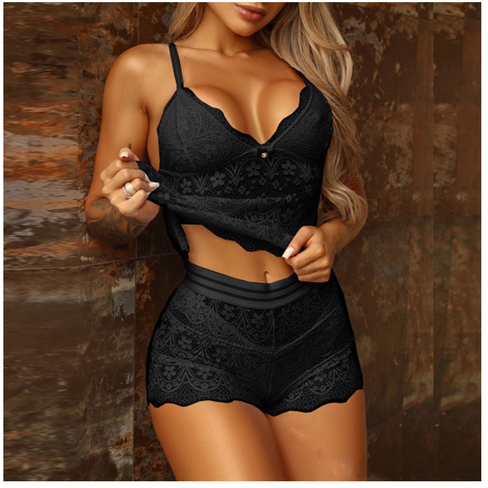 Oplxuo Women's Plus Size Lingerie Set - Sexy Lace Tank Top & Shorts 2-Piece Underwear, Floral Bodysuit Sleepwear for Date Night & Boudoir Photography