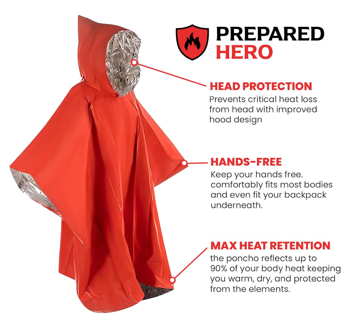 Hero Prepared Survival Tool Poncho - Waterproof & Heat Insulated for Camping, Hiking, Emergency Preparedness - Perfect for Outdoor Adventures & Survival Kits