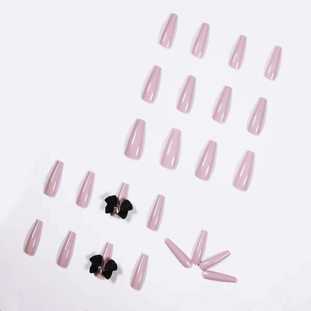 Extra Long Ballet Coffin Press on Nails - Pinkish Purple 3D Black Bow Fake Nails 24 Pcs for Women & Girls - Perfect for Parties, Weddings, and Special Occasions