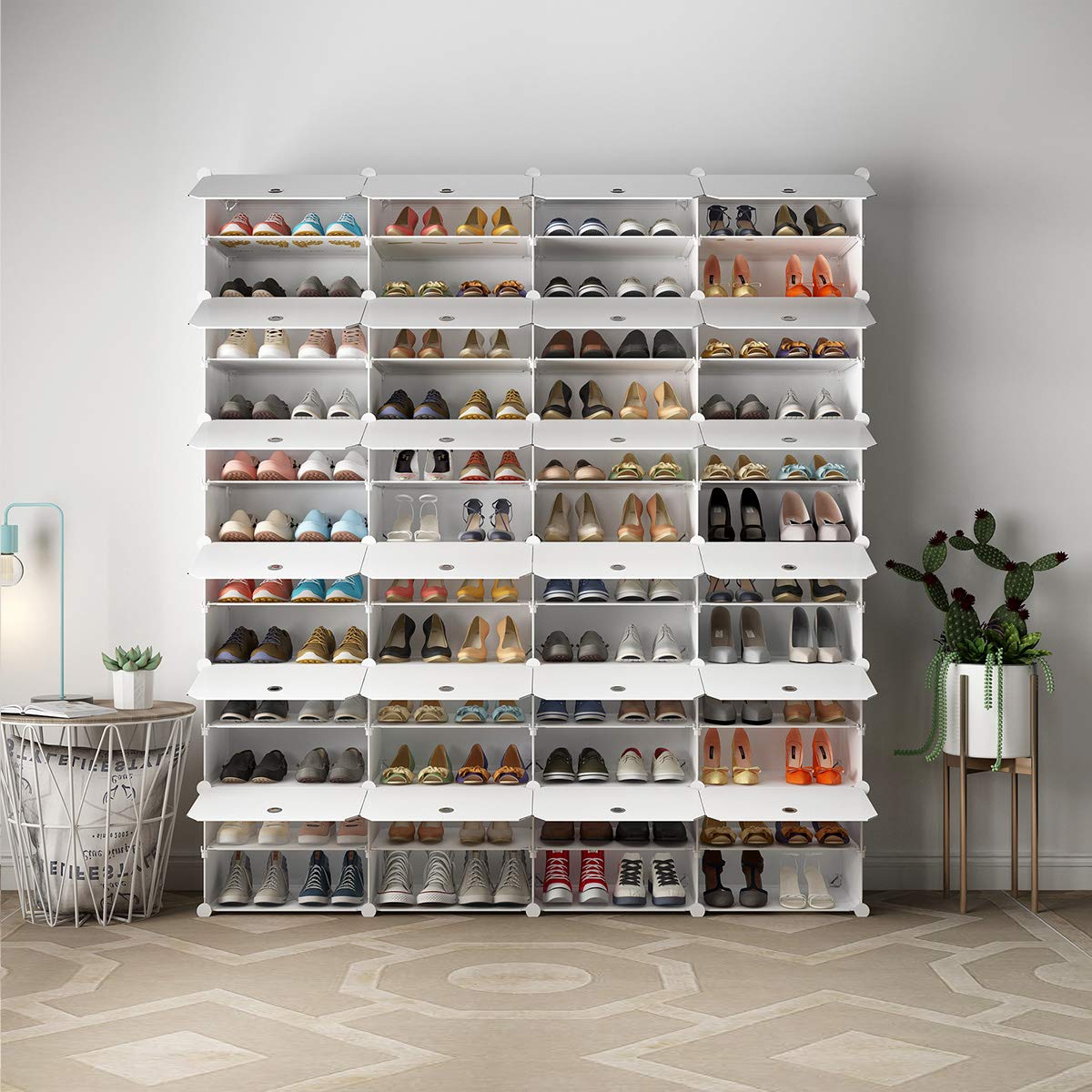 KOUSI 48 Grids Expandable Shoe Rack Organizer - Portable Tower Shelf Storage Cabinet for Heels, Boots, Slippers (White) - Perfect for Closet, Bedroom, Entryway & Dorm Organization