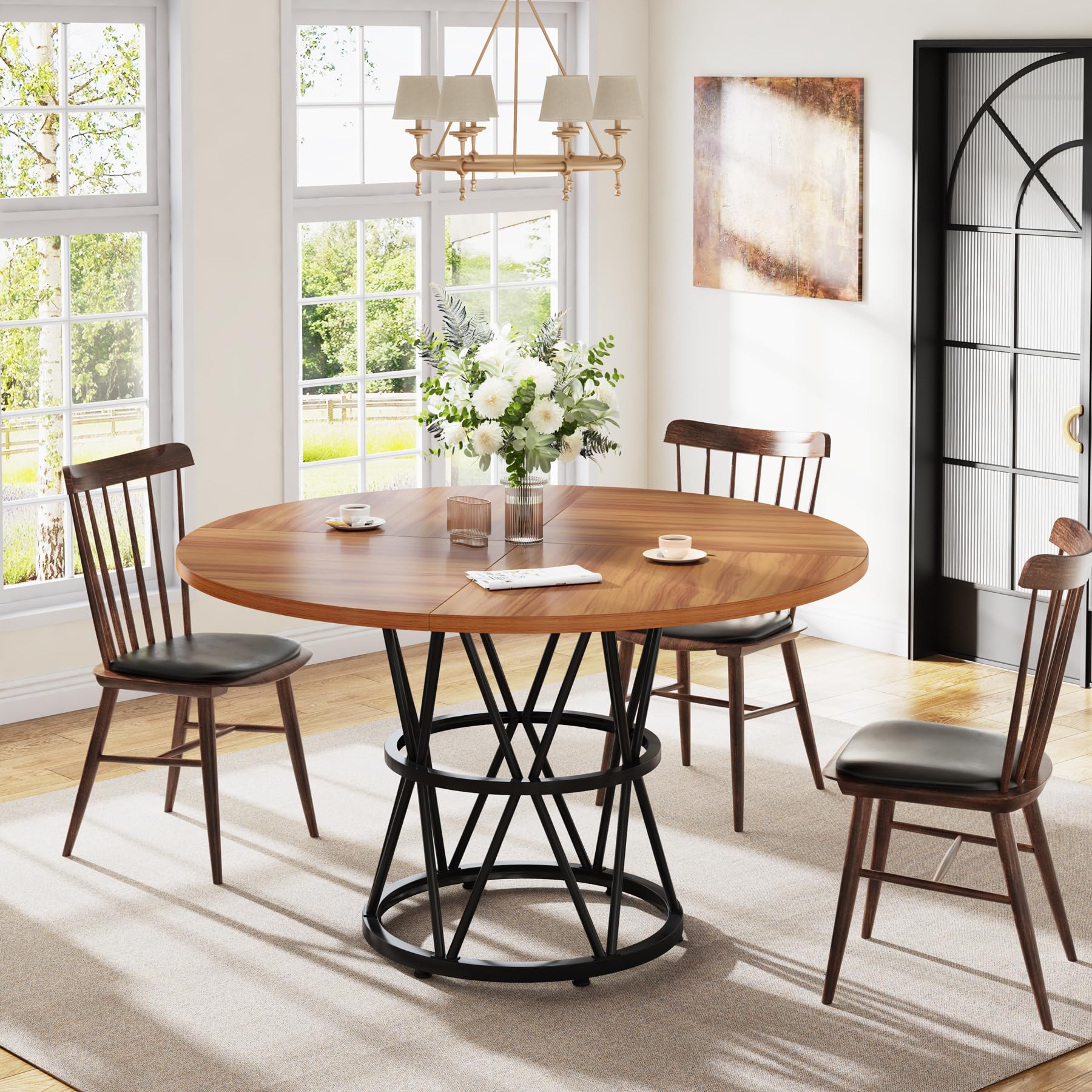 Tribesigns 47-Inch Round Dining Table for 4 - Solid Wood Kitchen Table with Metal Base in Brown & Black - Perfect for Small Spaces, Breakfast Nooks, and Cozy Dining Rooms