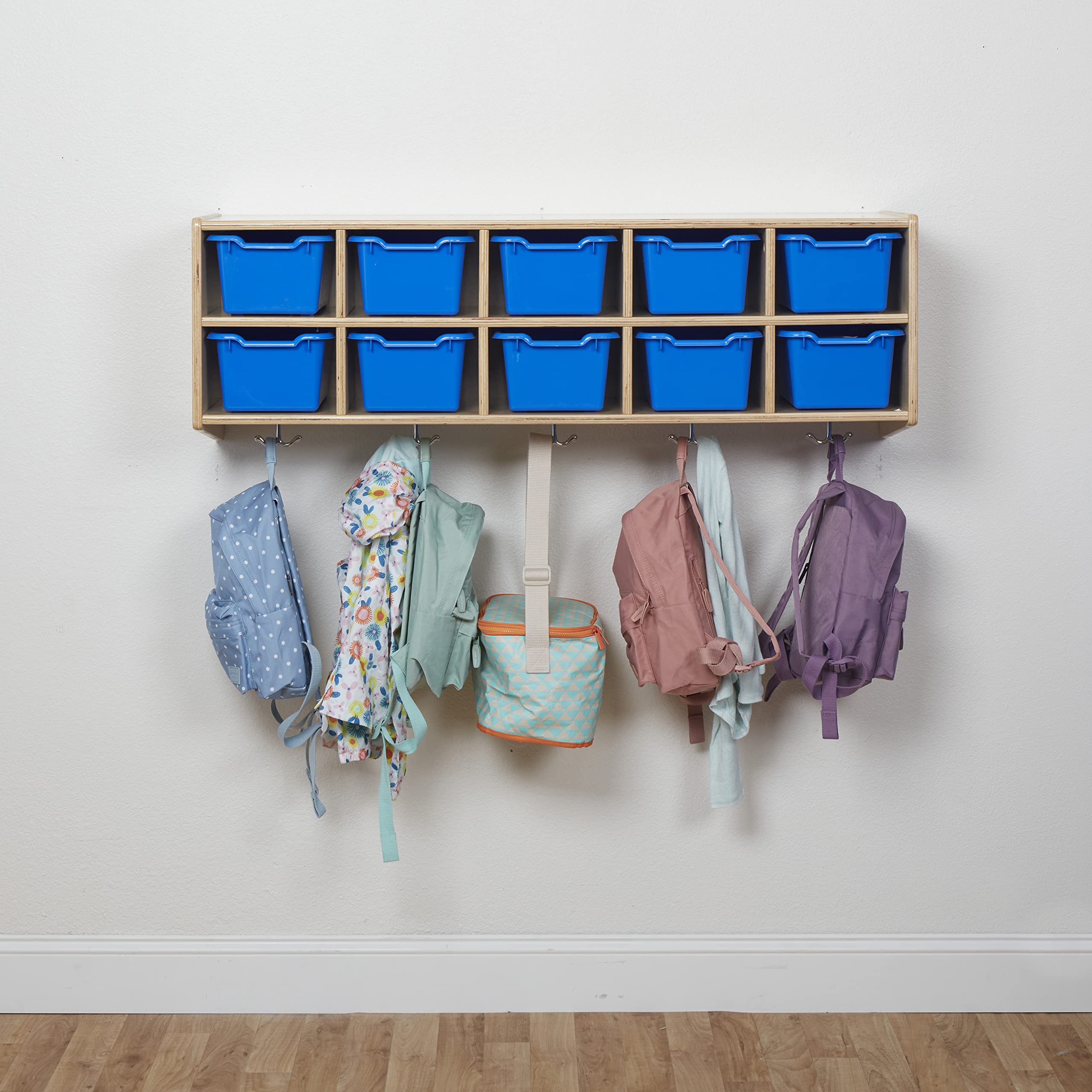 ECR4Kids Natural Blue 10-Section Hanging Coat Locker with Scoop Front Storage Bins - Classroom Organization, Daycare Storage, School Cubby for Kids' Coats & Backpacks