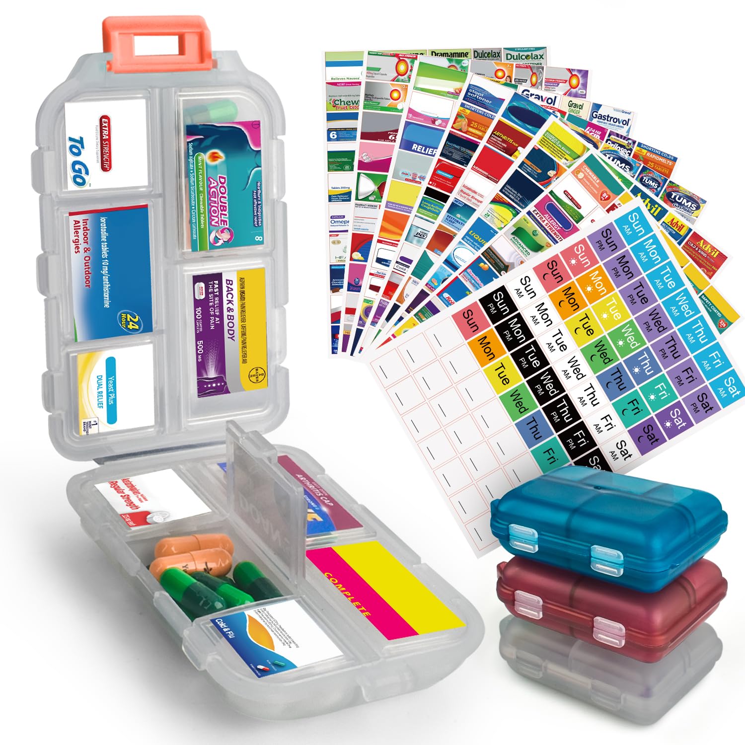 3-Piece DIY Travel Pill Organizer Set with 420 Labels - Portable 7-Day Pill Case for Vitamins, Fish Oil & Medication - Compact Pharmacy Box for Home, Office & Travel Essentials (Set B)