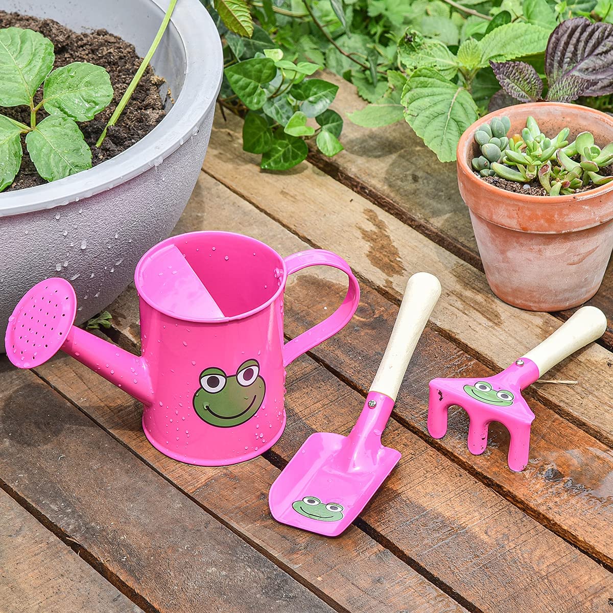 Sungmor Metal Watering Can Set - Mini Garden Tools Kit with Watering Can, Trowel & Rake - Durable Gardening Hand Tools for Backyard, Beach & Indoor Plants - Perfect Gift for Garden Lovers