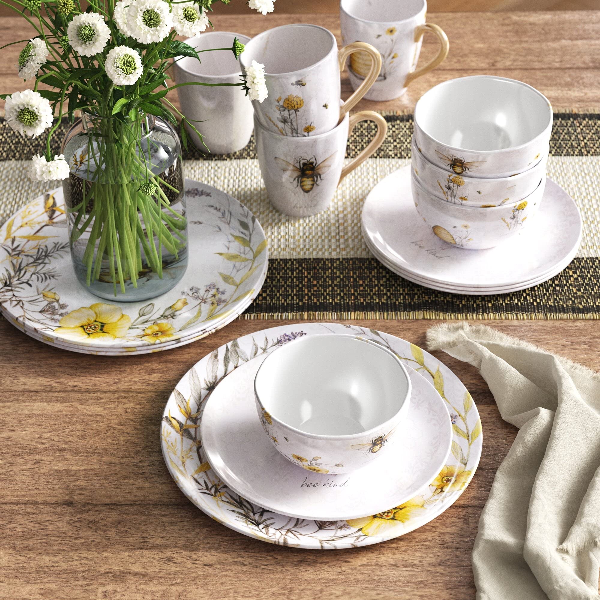 Bee Sweet 16-Piece Dinnerware Set - Service for 4 People - Porcelain Dinner Plates, Salad Plates, Bowls & Mugs - Elegant Tableware for Family Dinners, Parties & Holiday Gatherings