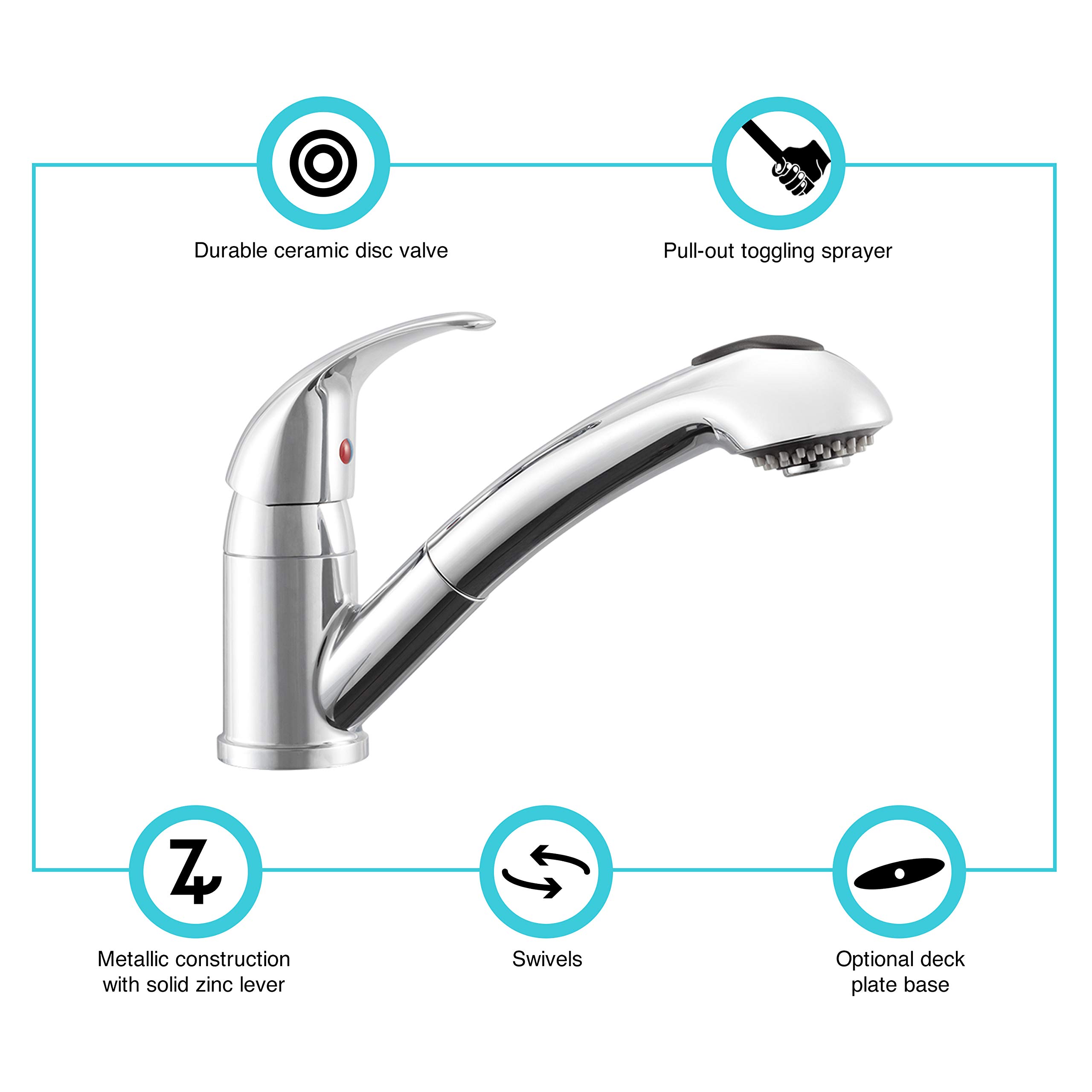 Dura Faucet DF-NMK852-CP RV Pull-Out Swivel Single Handle Kitchen Sink Faucet - One-Hole Chrome Finish for RV, Camper, Tiny Home & Mobile Kitchen Installation