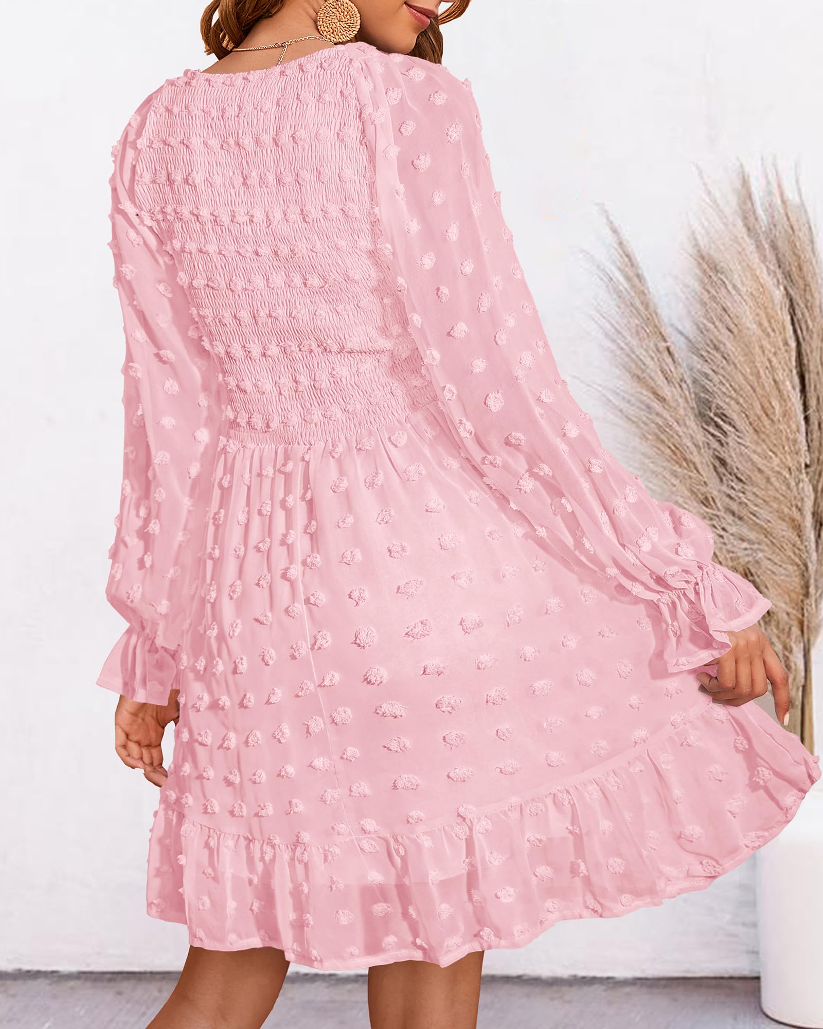 BTFBM Women's Smocked Short Dress - V Neck Long Sleeve Swiss Dot Ruffle Chiffon Flowy Mini Dress for Spring Summer 2025 | Casual Party, Beach Vacation, Date Night Outfit