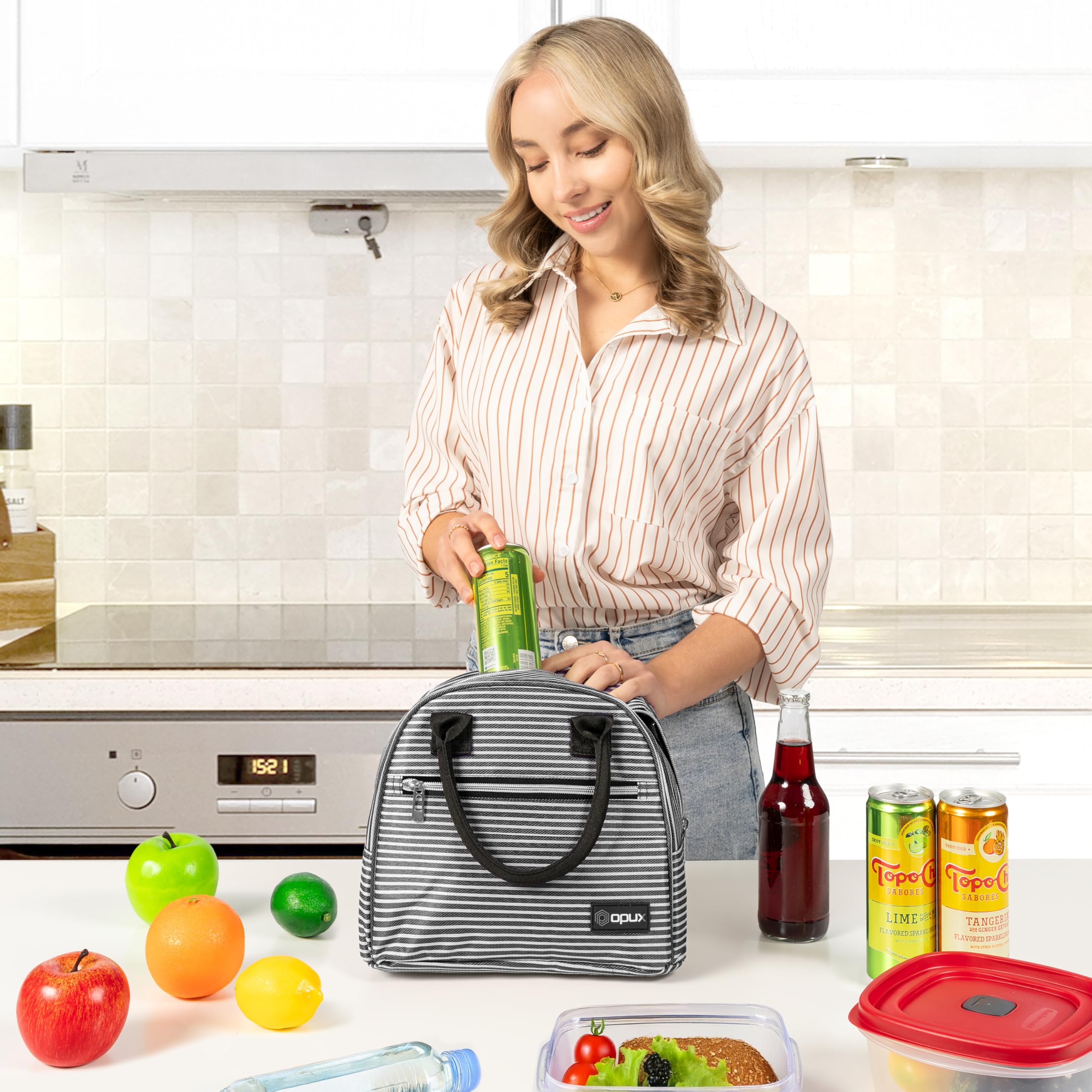 OPUX Insulated Lunch Box for Women, Girls, Kids & Teens - Soft Thermal Lunch Bag Tote for Work, School & Travel - Reusable Food Cooler Container for Meal Prep, Beach & Outdoor Activities - Black & White Stripes