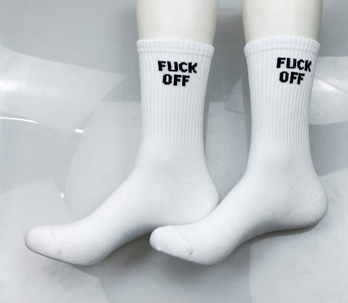 FUCK OFF Swear Word Printed Crew Socks - Funny Novelty Men's Tube Socks for Gag Gifts, Punk Fashion & Statement Outfits