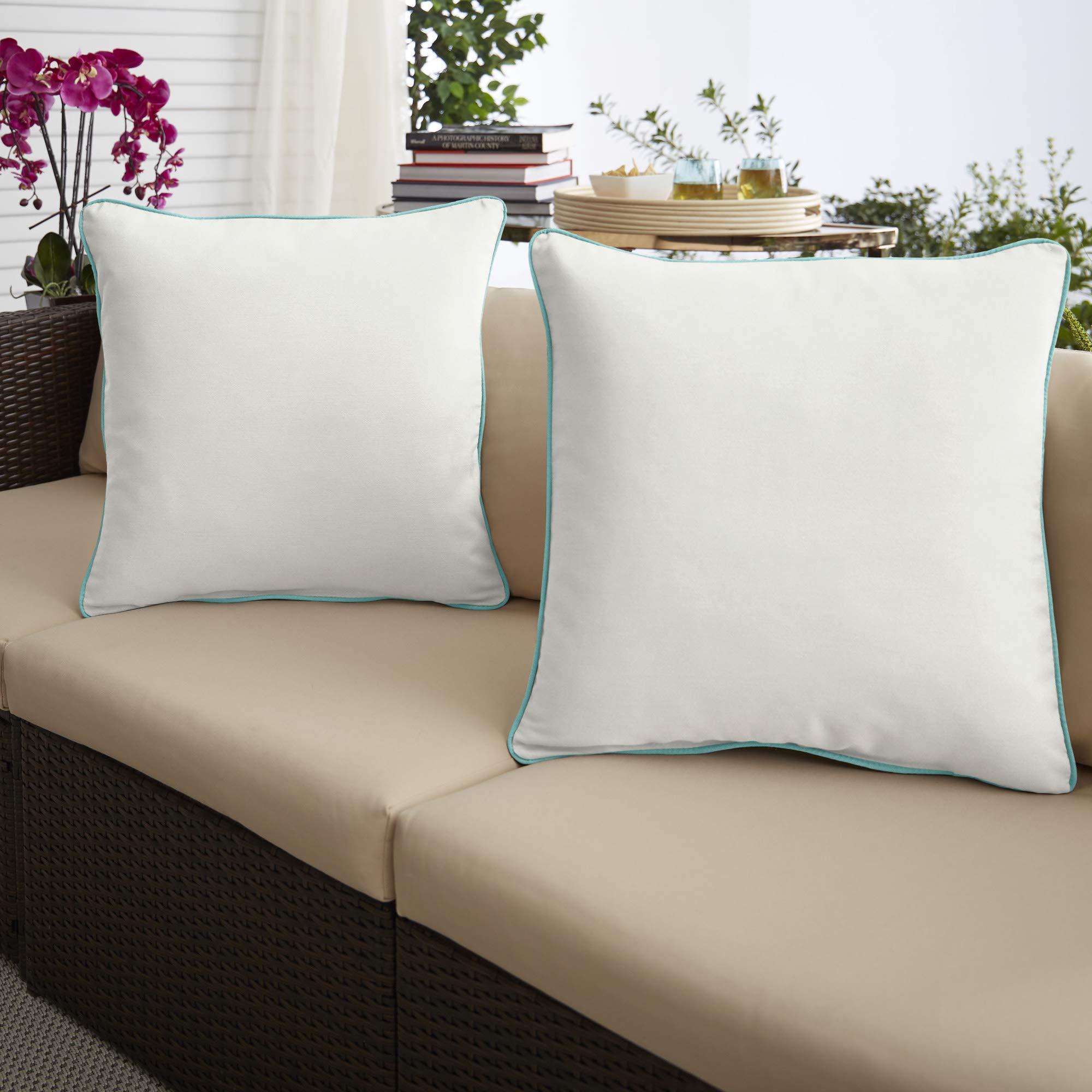 Set of 2 18-Inch Natural White & Aruba Blue Waterproof Outdoor Square Throw Pillows - Perfect for Patio Furniture, Poolside Lounging & Garden Decor