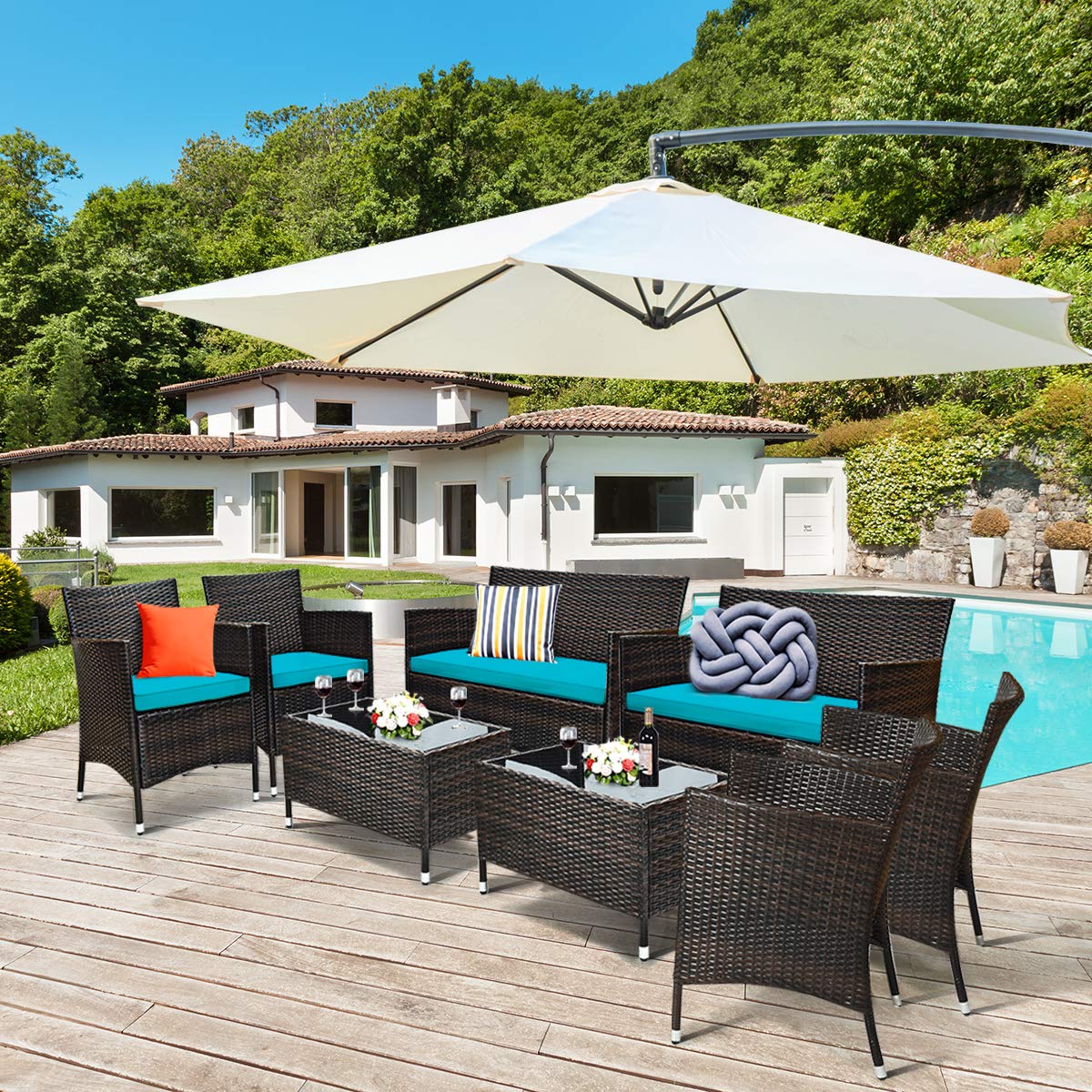 Tangkula 8-Piece Patio Rattan Conversation Set with Tempered Glass Coffee Table & Thick Cushions - Outdoor Wicker Furniture for Garden, Lawn, Poolside, Backyard - Perfect for Relaxing, Entertaining & Outdoor Dining