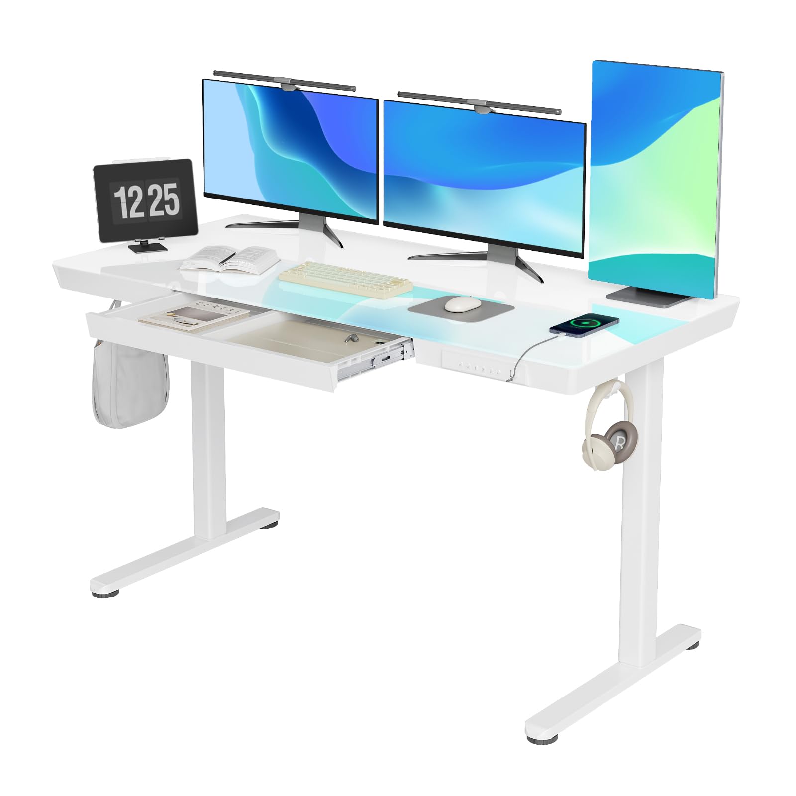Claiks 55 Inch Adjustable Height Standing Desk with Drawers & USB Ports - White | Quick Assembly Home Office Computer Desk for Work & Study | Ergonomic Sit Stand Workstation for Small Spaces