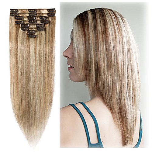 Benehair Clip In Hair Extensions 8pcs 24inch - Seamless Lightweight Remy Human Hair Weft, Silky Straight Natural Ombre Light Brown to Bleach Blonde - Perfect for Parties, Weddings & Daily Styling