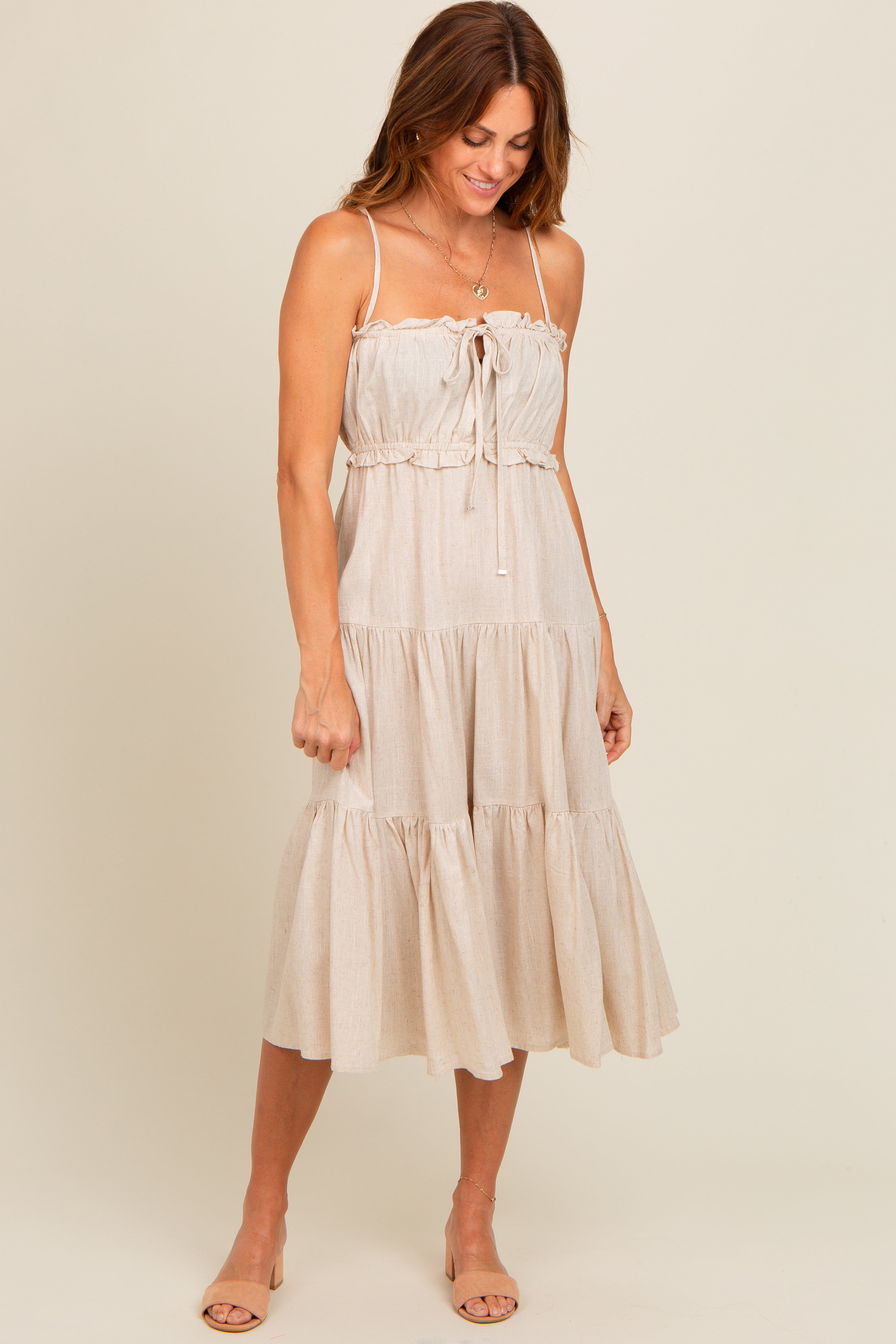 Beige Front Tie Cutout Tiered Midi Dress for Women - Elegant Summer Casual Outfit for Beach, Party & Date Night