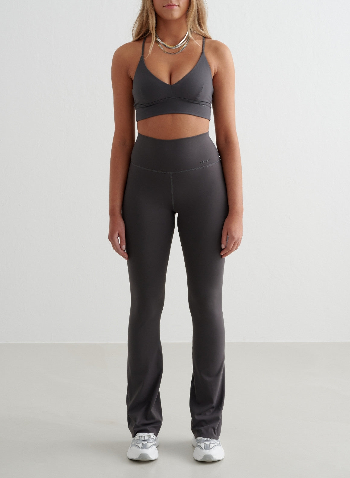 Shadow Grey Sense Flare Tights & Strap Bra Set - High Waist Yoga Pants with Supportive Sports Bra for Women, Perfect for Gym, Running, Pilates and Workout