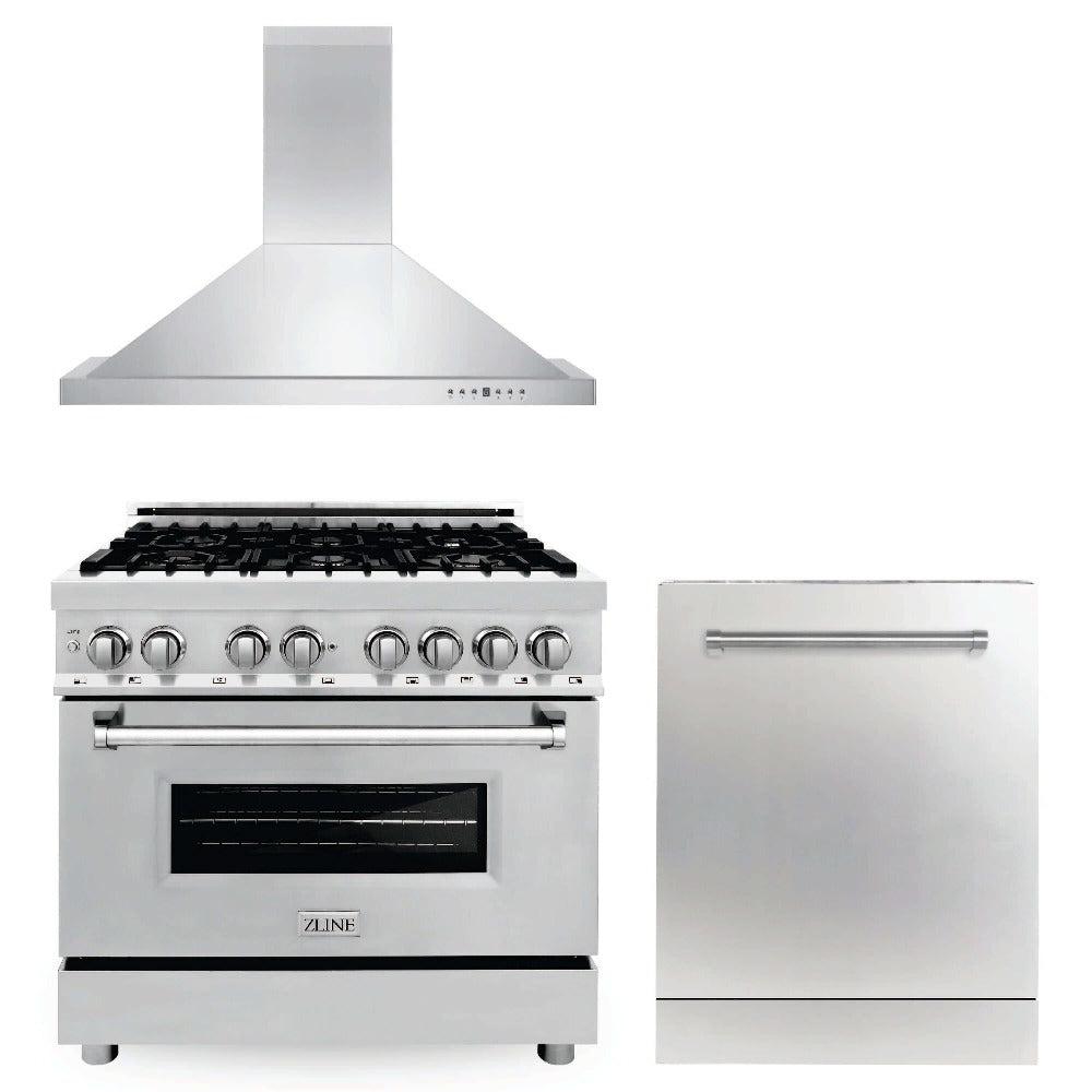 ZLINE 36 Inch Stainless Steel Kitchen Package - Dual Fuel Range, Convertible Vent Hood & Dishwasher (3KP RARH36 DW) | Perfect for Modern Home Chefs & Open Concept Kitchens