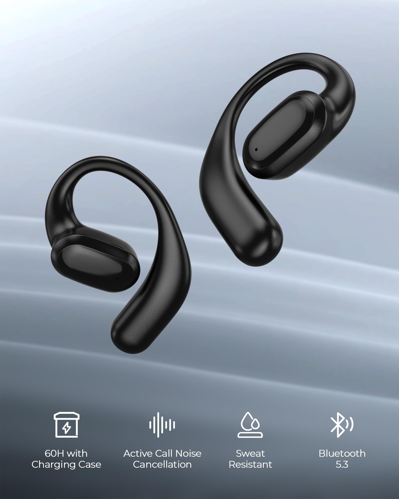 Open Ear Bluetooth Headphones 5.3 Wireless Earbuds with Earhooks - 60H Playtime, Fast Charge, Sweatproof Sport Earphones w/Digital Display Case for Running, Gym & Workout (Black)