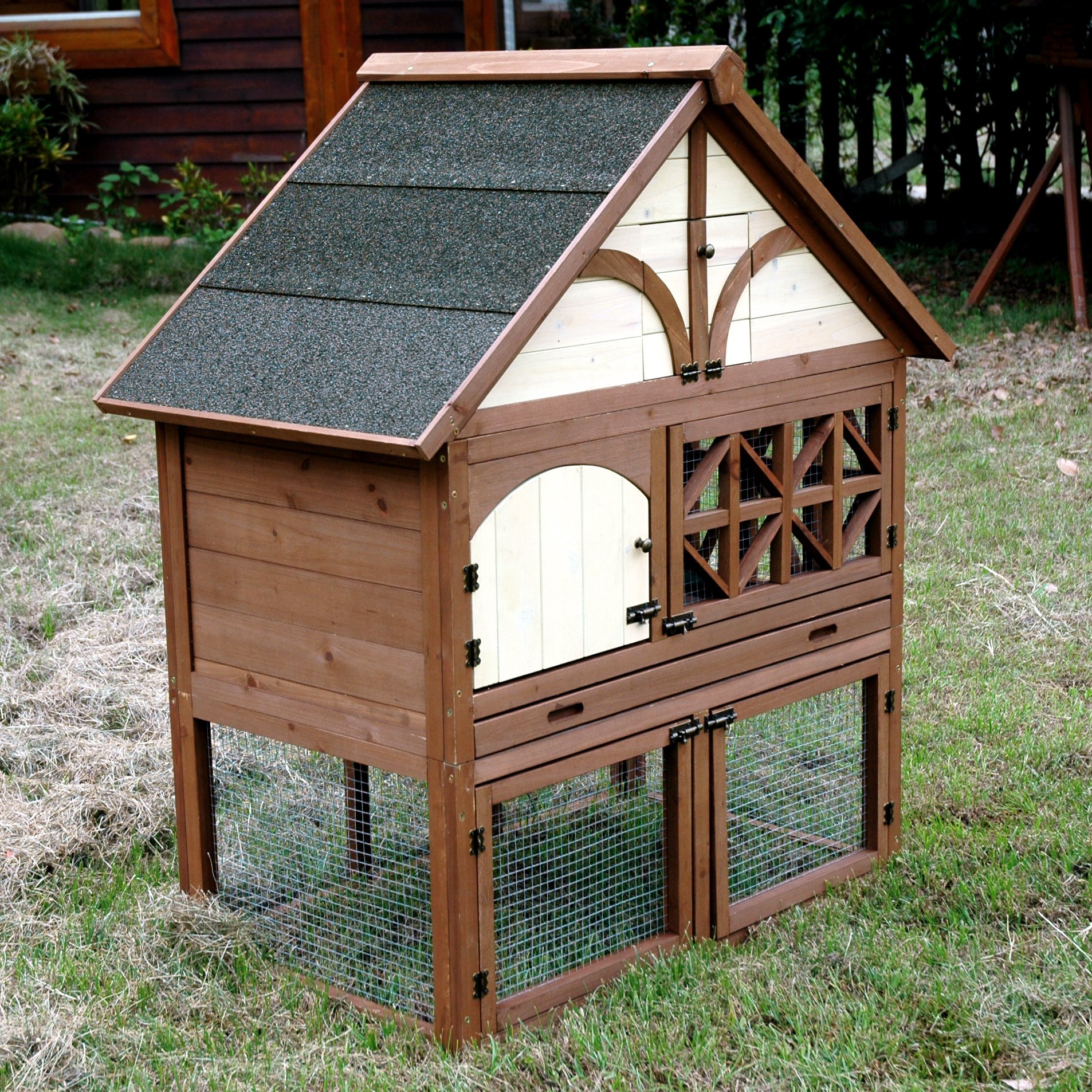 Merry Pet Tudor Rabbit Hutch - Outdoor Wooden Bunny Cage with Waterproof Roof & Ramp for Small Animals - Perfect for Backyard, Garden, or Patio Rabbit Housing