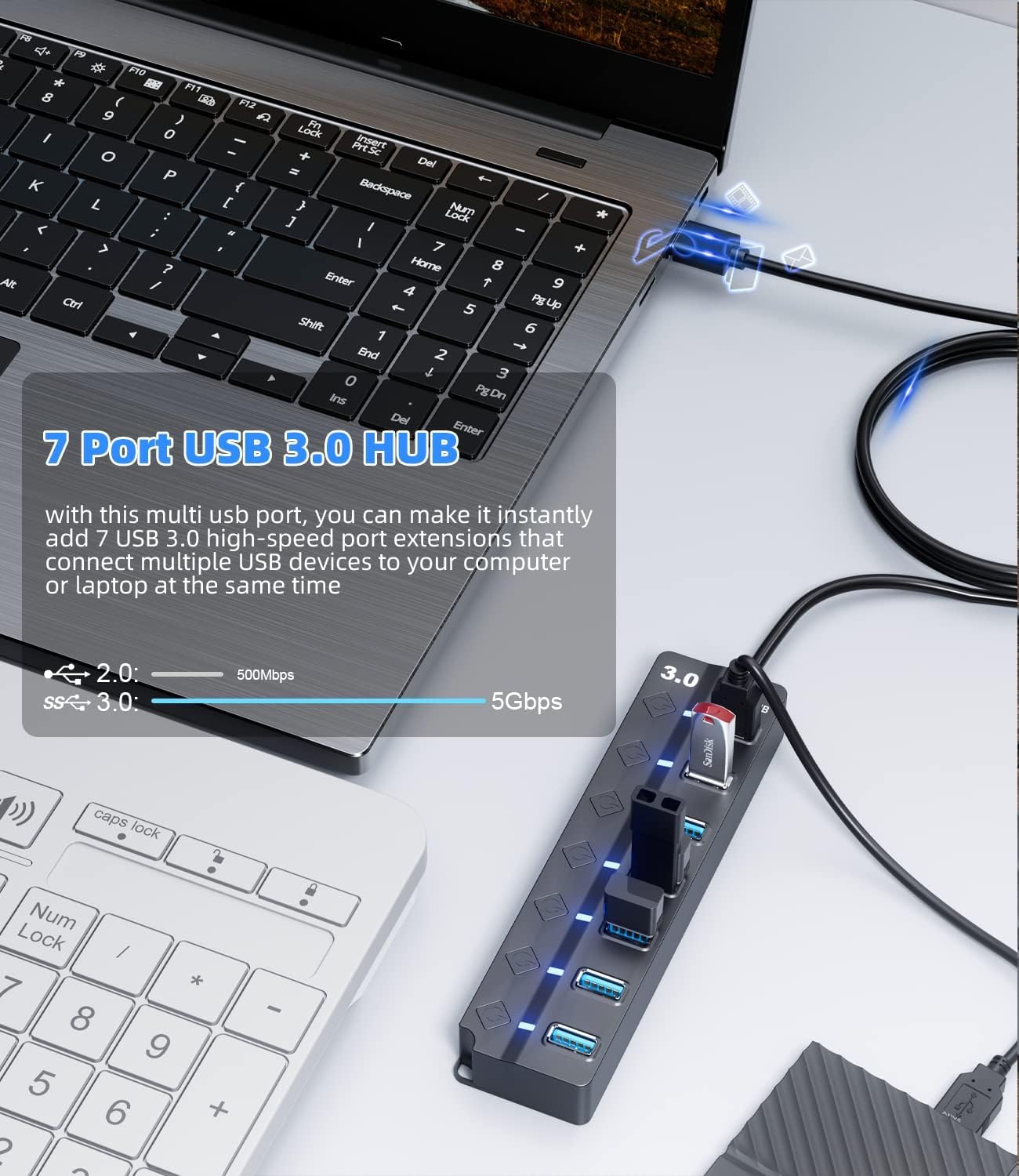 7-Port USB 3.0 Hub with 26cm Cable - High Speed Powered USB Hub for Laptop, PC, MacBook, PS5 - Data Transfer & Charging Multiport Adapter for Office, Gaming & Home Use
