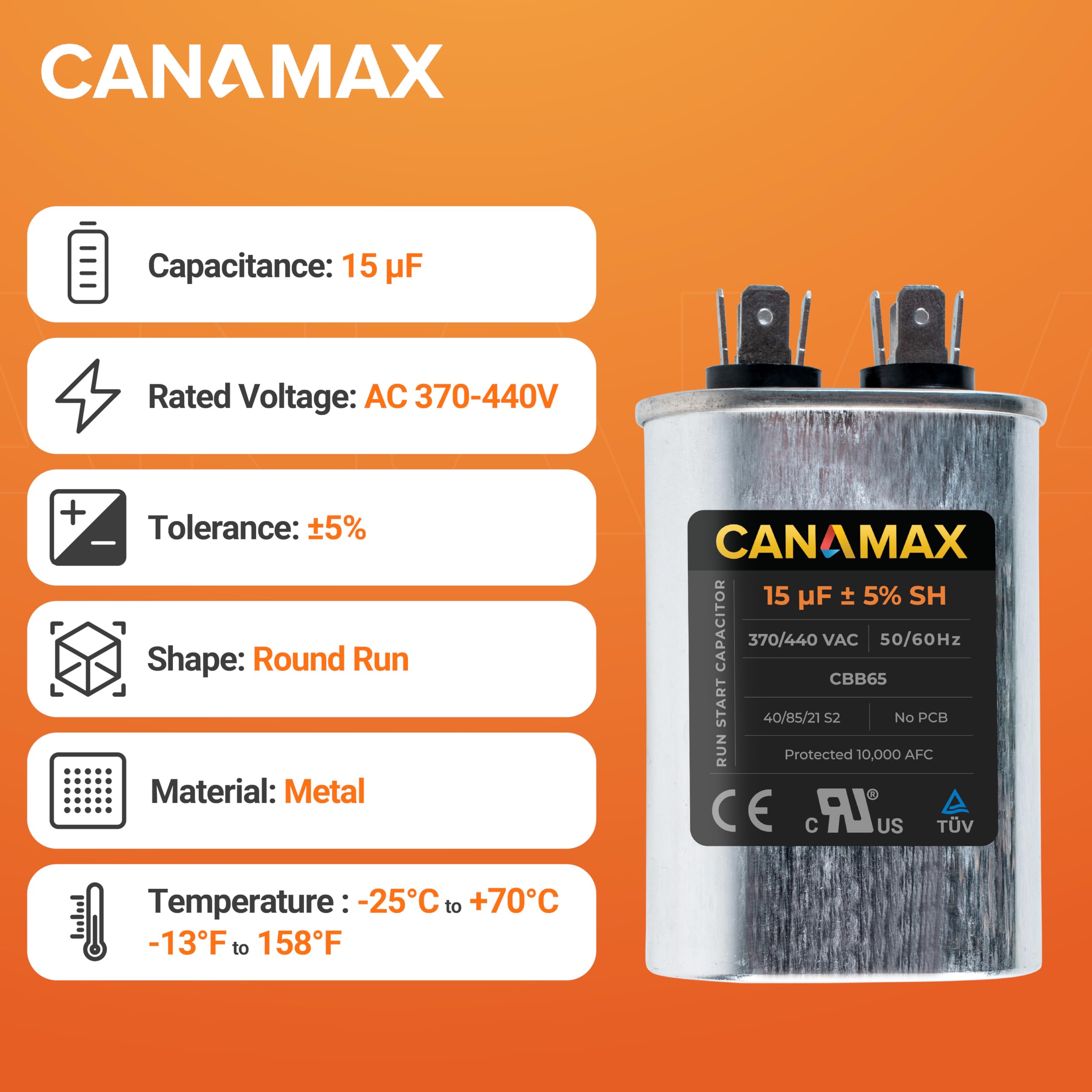 Canamax Premium 15 MFD ±5% 370V/440V Oval Run Start Capacitor - Replacement for AC Motor, Fan, Heat Pump & Air Conditioner - Perfect for HVAC Systems, Coolers & Home Appliances