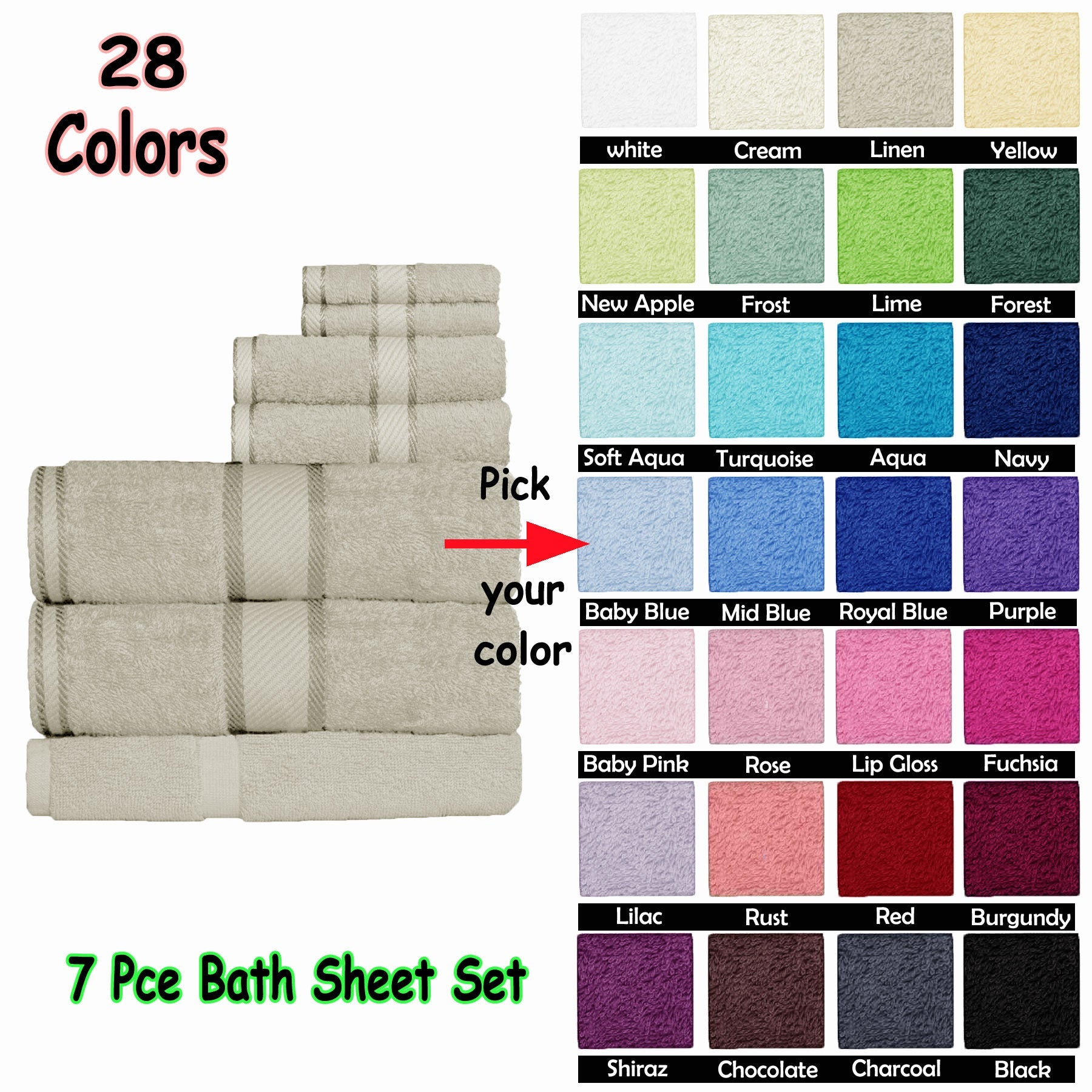 Premium 550gsm Cotton 7-Piece Bath Sheet Set - Ultra Soft & Absorbent Luxury Bath Towels for Spa, Hotel & Home Use