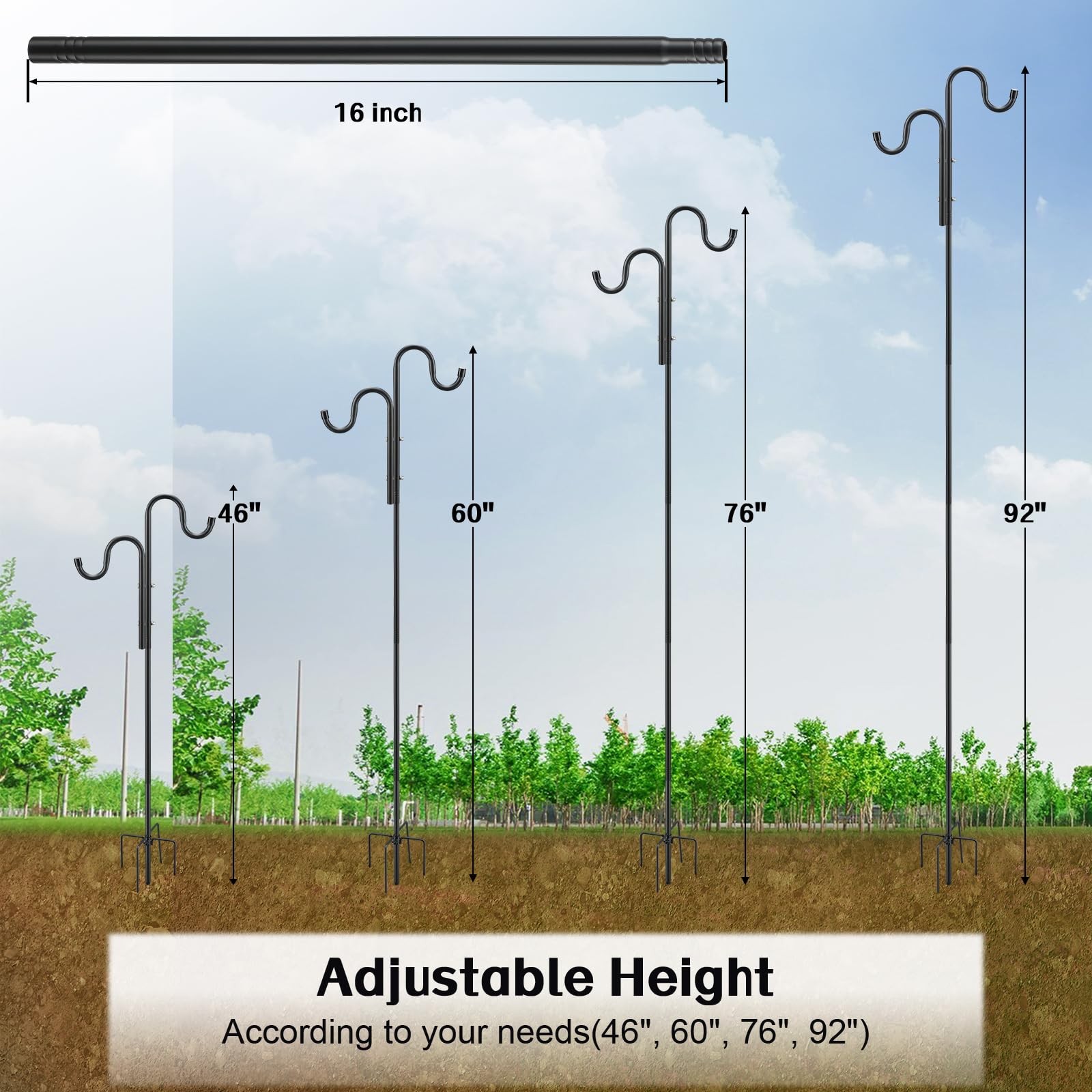 92-inch Heavy Duty Stainless Steel Double Shepherd Hooks for Outdoor Bird Feeders - 5-Prong Base for Wind Chimes, Solar Lights & Wedding Decor | Perfect for Garden, Patio & Backyard Decoration