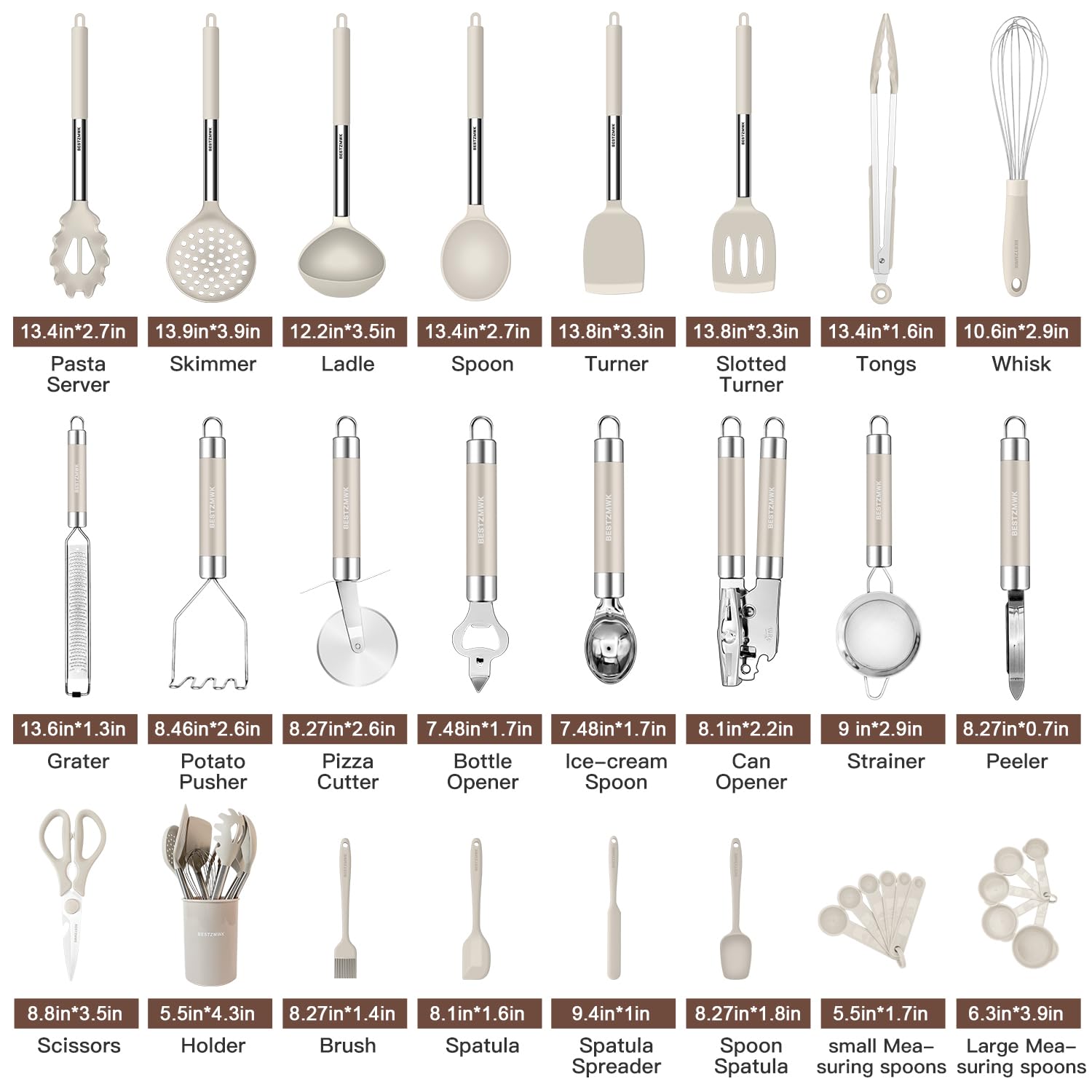 33-Piece Non-Stick Silicone Kitchen Utensil Set with Stainless Steel Handles & Holder - Spatulas, Ladles, Tongs for Cooking & Baking - Perfect for Home Chefs & Professional Kitchens (Khaki)