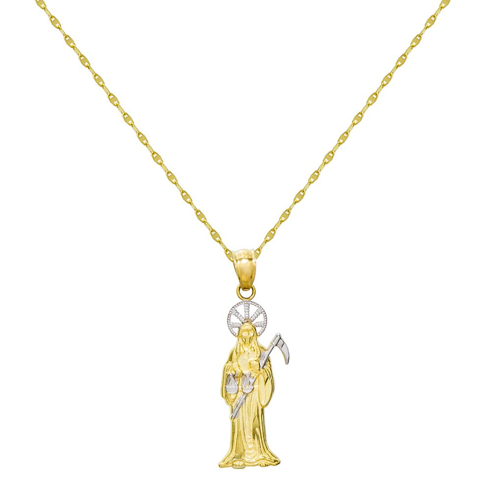 14K Two Tone Gold Santa Muerte Charm Pendant Necklace - 0.8mm Twisted Snail Chain - Elegant Religious Jewelry for Women, Perfect for Gifts, Everyday Wear & Special Occasions