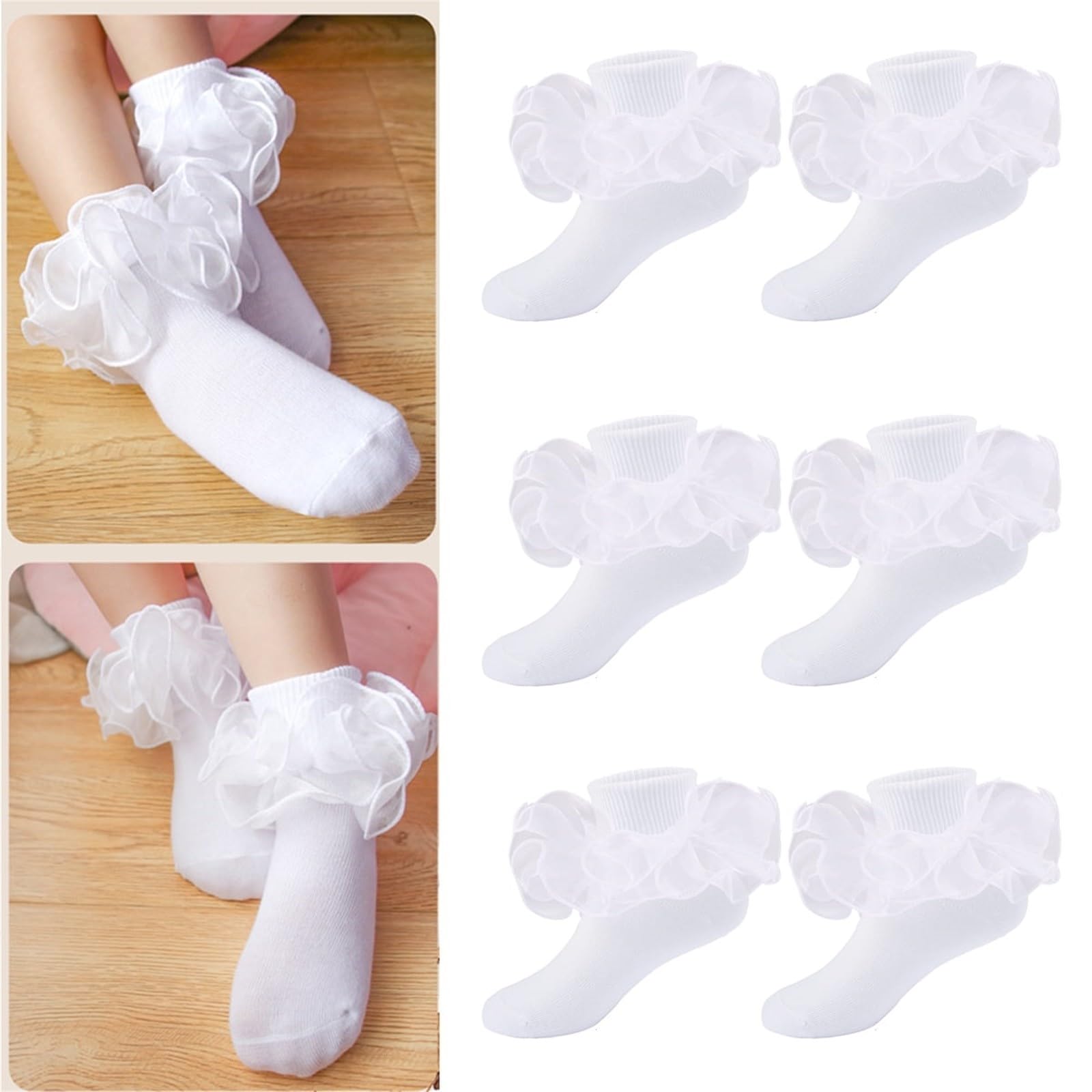 3 Pairs Baby Girls Lace Ankle Socks - White Ruffle Cotton Breathable Toddler Socks for Newborns & Little Girls - Perfect for Everyday Wear, Parties & Photo Shoots