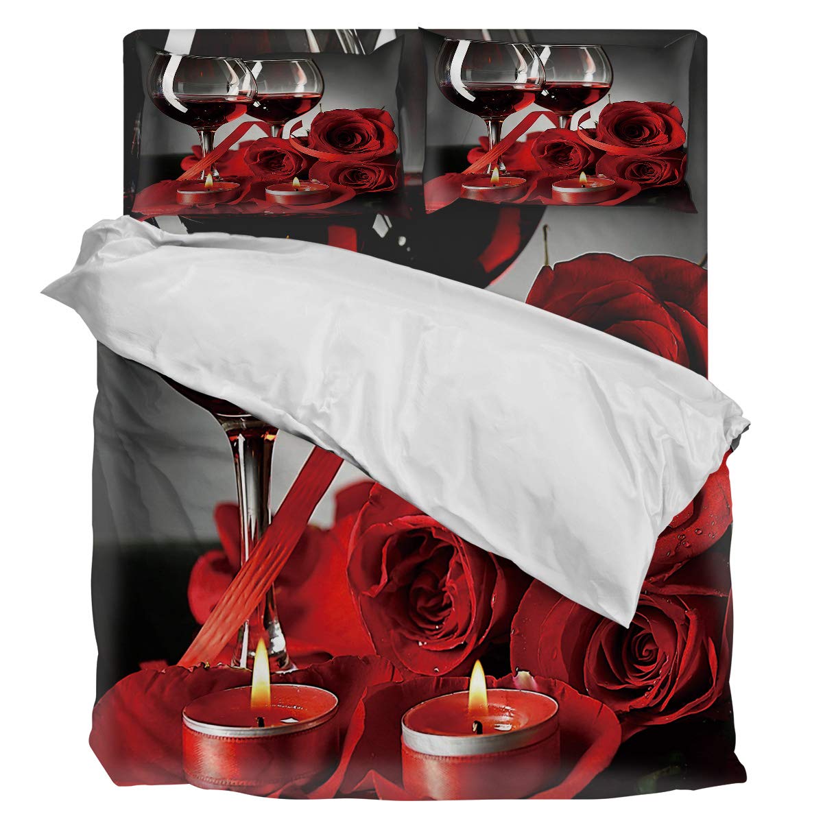 Luxury 4-Piece King Size Duvet Cover Set - Soft Floral Bedding with 1 Duvet Cover, 1 Fitted Sheet & 2 Pillowcases - Romantic Red Rose & Wine Design for Master Bedroom Decor | Perfect for Valentine's Day, Anniversary Gifts & Couples Retreat