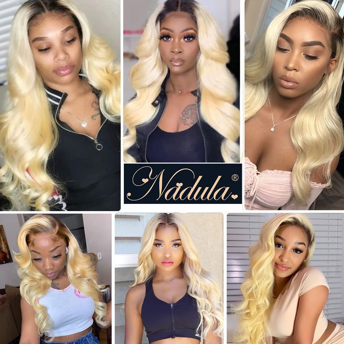 Nadula T1B613 Blonde Body Wave Human Hair Extensions - 3 Bundles 10A Brazilian 100% Remy Hair with Dark Roots & Honey Blonde Ombre - 14/16/18 Inch Wavy Weaves for Sew-In - Perfect for Daily Styling, Parties & Special Occasions
