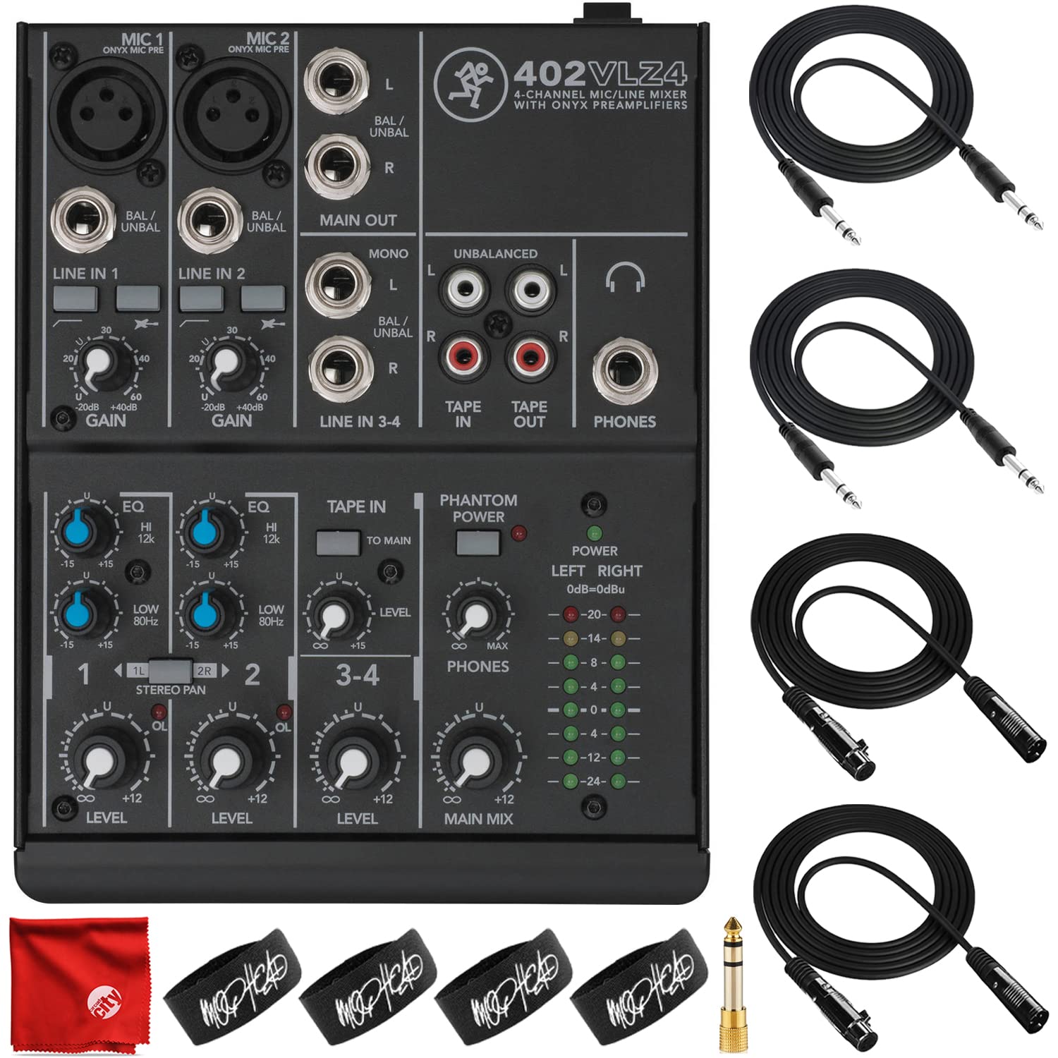 Mackie 402VLZ4 4-Channel Compact Audio Mixer with 2x Mophead TRS Cables, 2x XLR Cables, Adapter & Accessories – Perfect for Home Studio, Podcasting & Live Performances