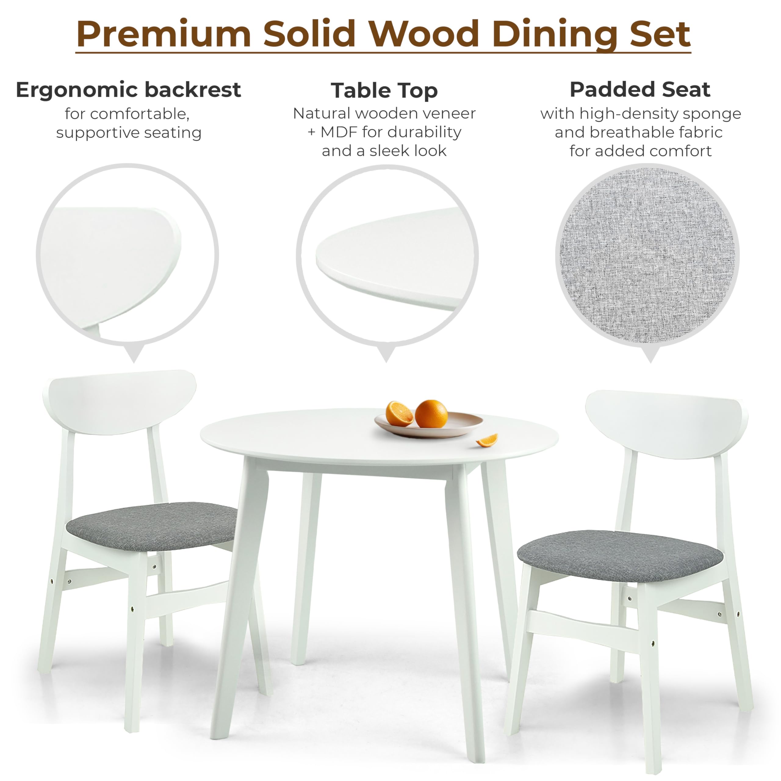 Wickerix 3-Piece Round Dining Table Set with 2 Yumiko Side Chairs - Solid Wood Kitchen Table & Padded Seat Chairs for Small Space, Breakfast Nook, or Apartment Dining
