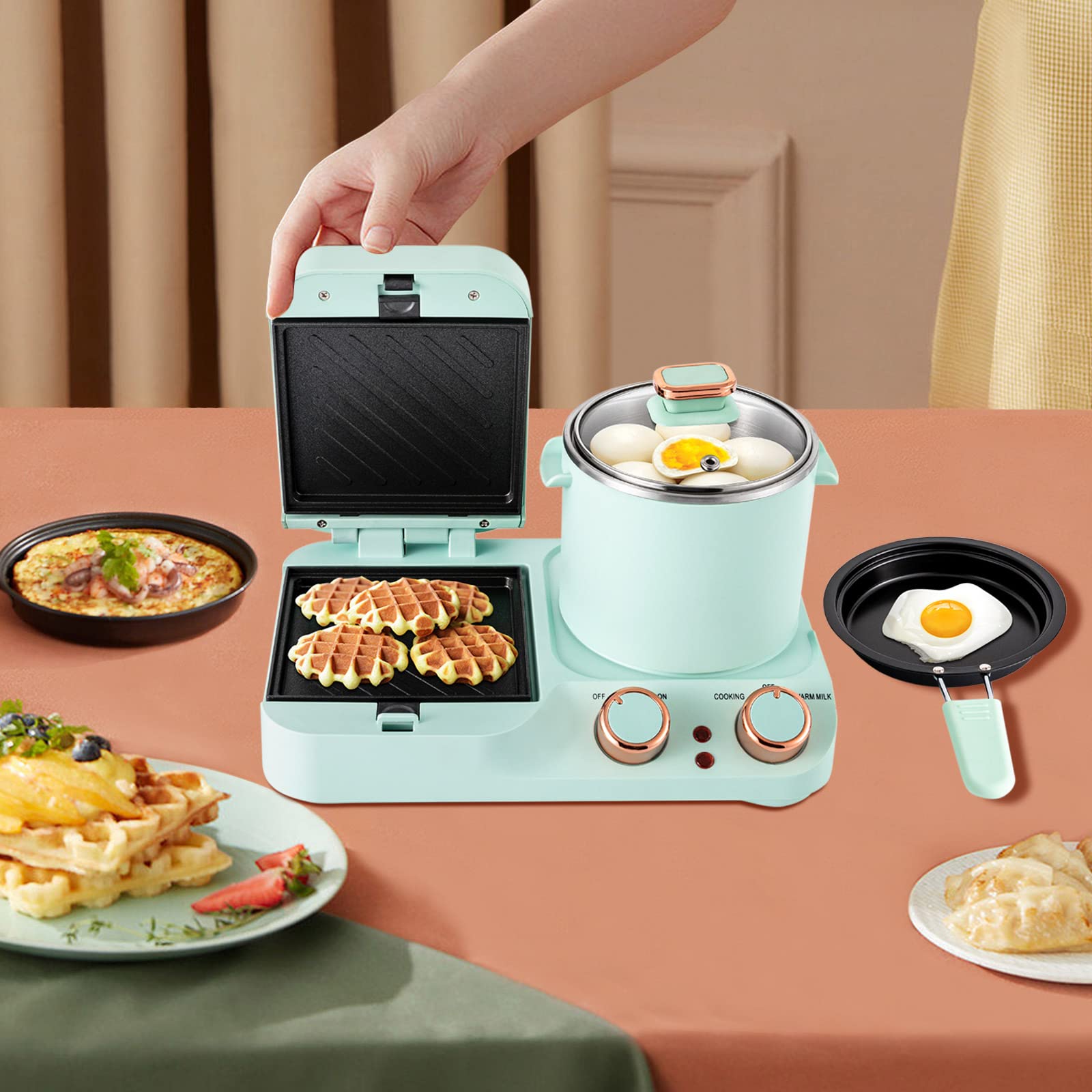 3-in-1 Breakfast Sandwich Maker with Soup Pot & Frying Pan - Electric Hot Dog Bun Toaster for Sandwiches, Pasta & Soup - Perfect for Quick Breakfasts, Office Lunches & Family Meals (110V)