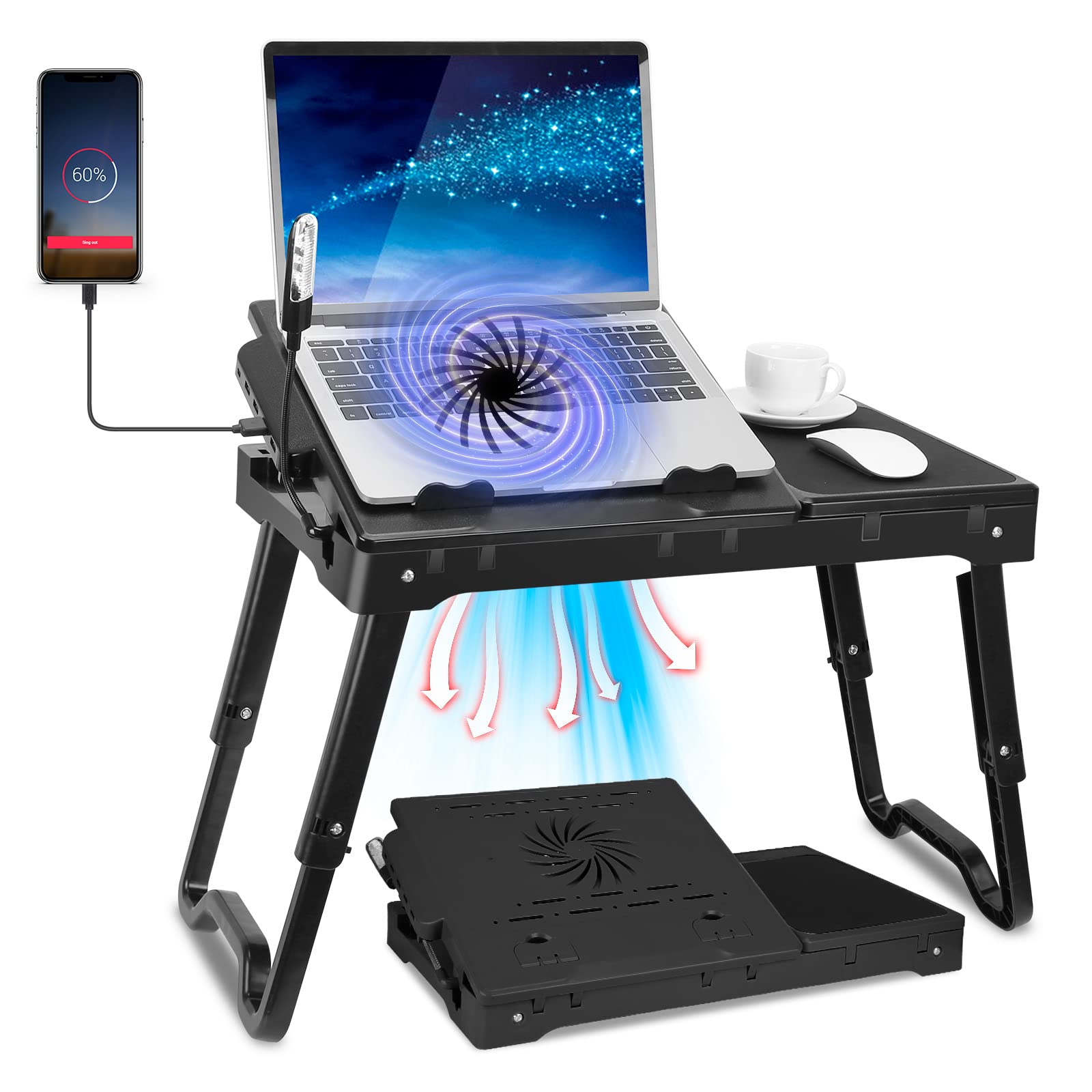 Adjustable Laptop Table Stand for Bed & Sofa - Portable Foldable Lap Desk with Cooling Fan, 4 USB Ports, Lightweight Design for Home, Office, and Travel Use