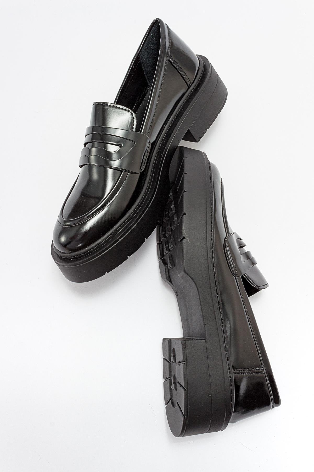 Josie Black Patent Leather Platform Loafers for Women - Stylish & Comfortable Dress Shoes for Work, Office, and Formal Occasions