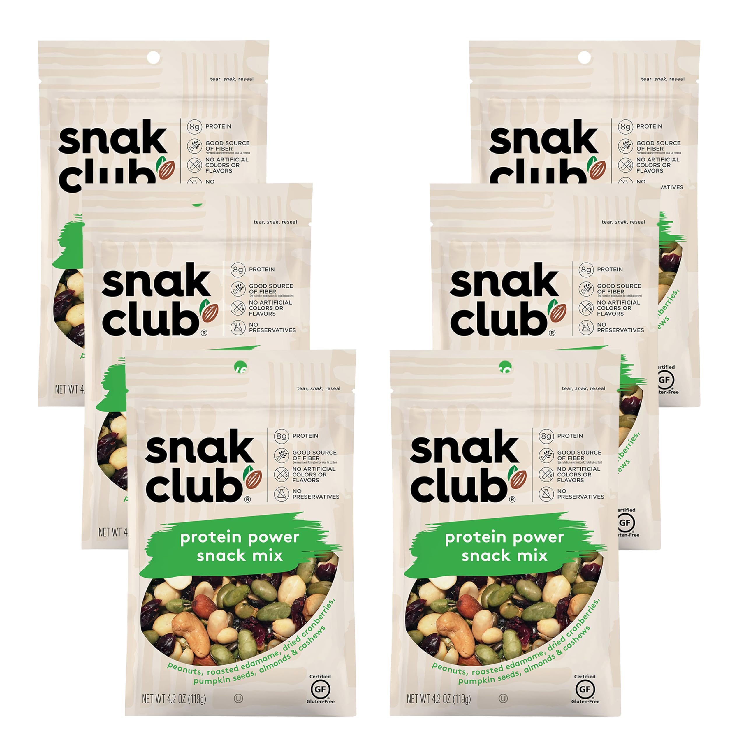Snak Club Protein Power Snack Mix - Gluten Free & Kosher Trail Mix with Peanuts, Almonds, Cashews, Roasted Edamame, Dried Cranberries & Pumpkin Seeds - 4.2oz Resealable Bags (6 Pack) - Perfect for Hiking, Camping, Office Snacks & Healthy On-the-Go Nutrition