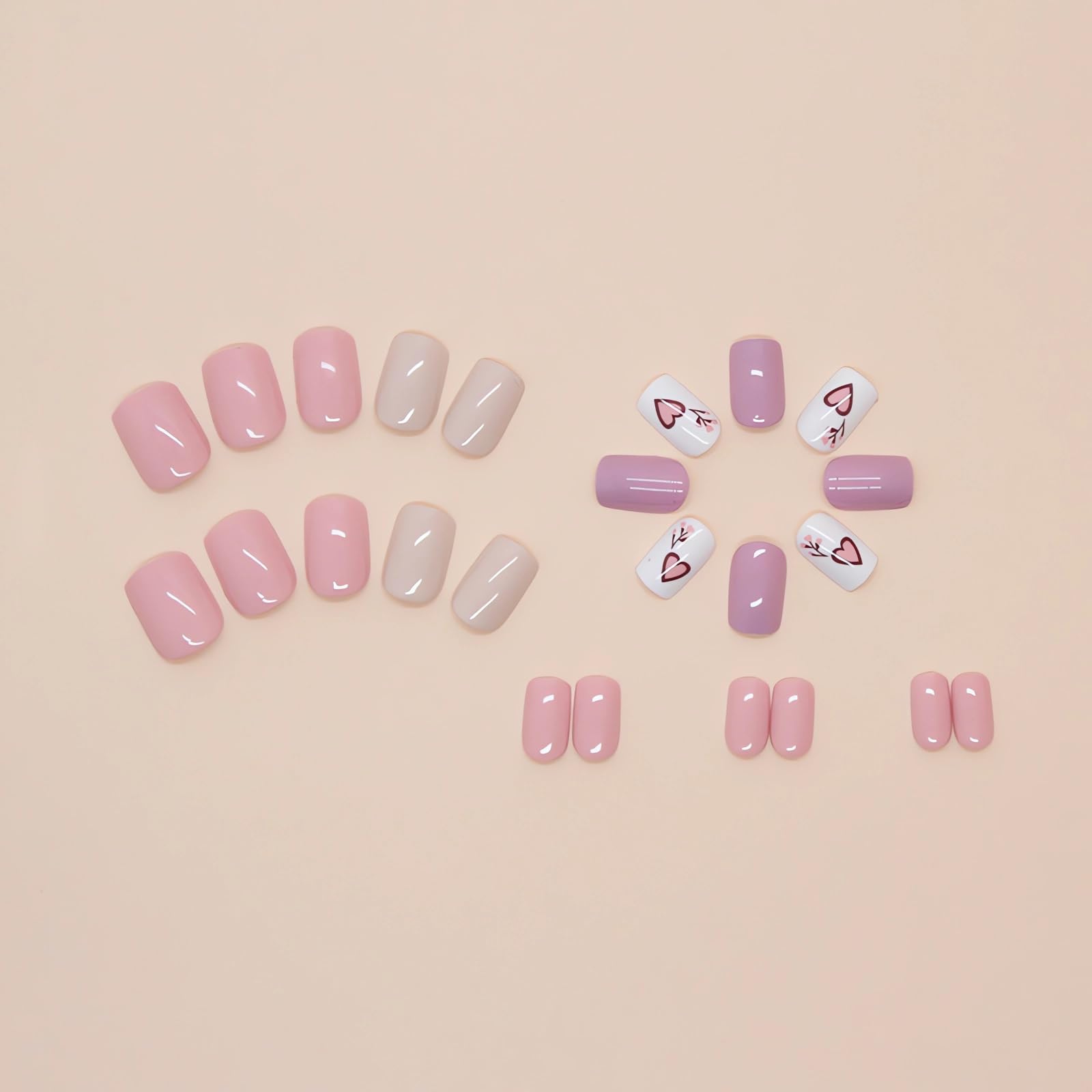 Valentine's Day Press On Nails Short Square Fake Nails - 24Pcs Heart Design Glossy Pink False Nails with Glue | Full Cover Stick On Nails for Women | Perfect for Date Night, Bridal Shower & Romantic Occasions