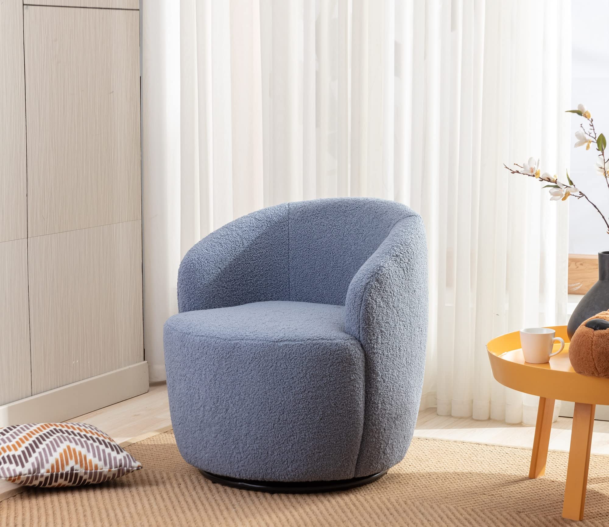 Teddy Boucle Swivel Accent Chair - 360° Rotating Round Barrel Armchair with Upholstered Seat for Living Room, Bedroom & Office - Cozy Reading Chair in Light Blue for Relaxing, Lounging & Home Decor