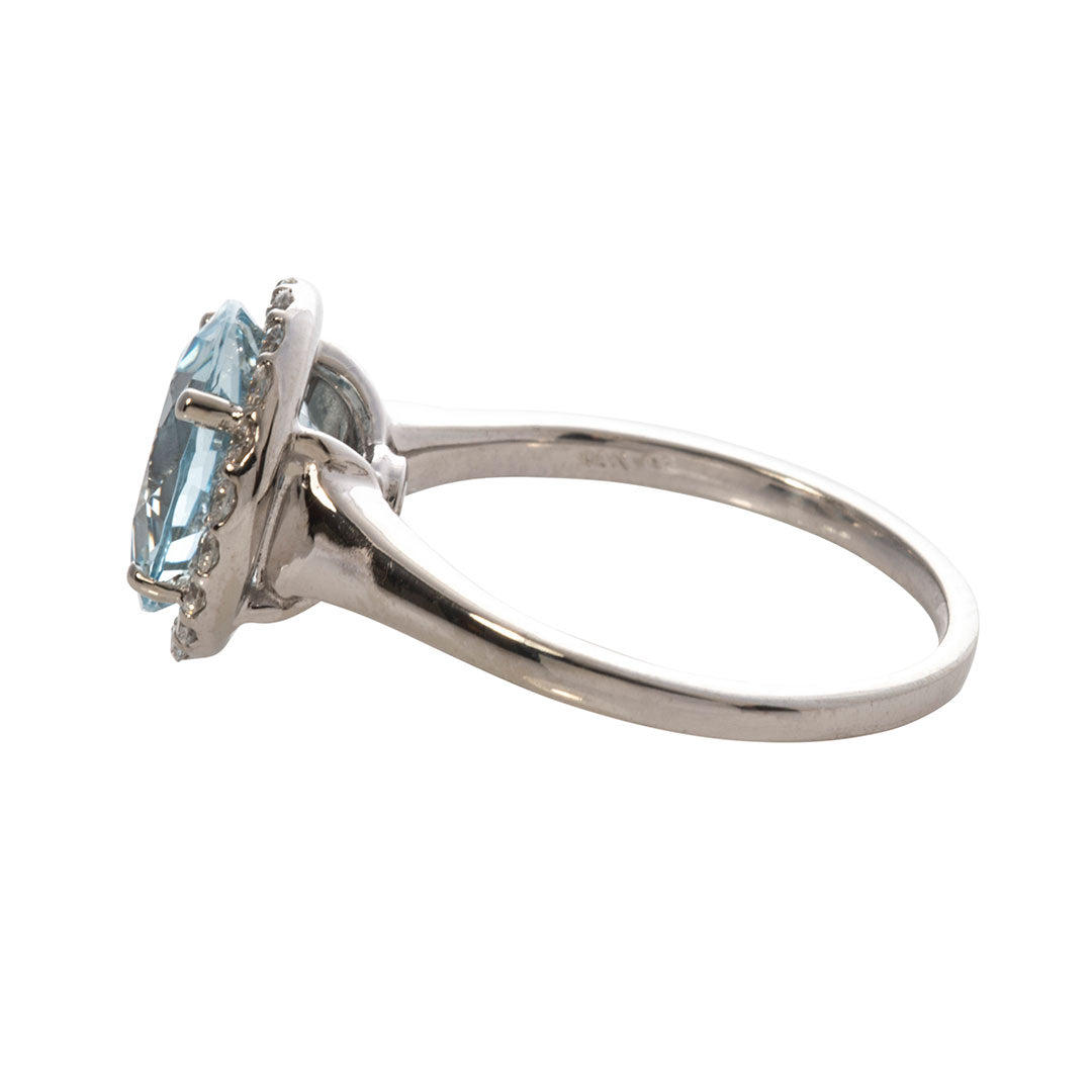 14K White Gold Round Aquamarine & Diamond Halo Ring - Elegant Engagement, Anniversary or Gift Jewelry for Women