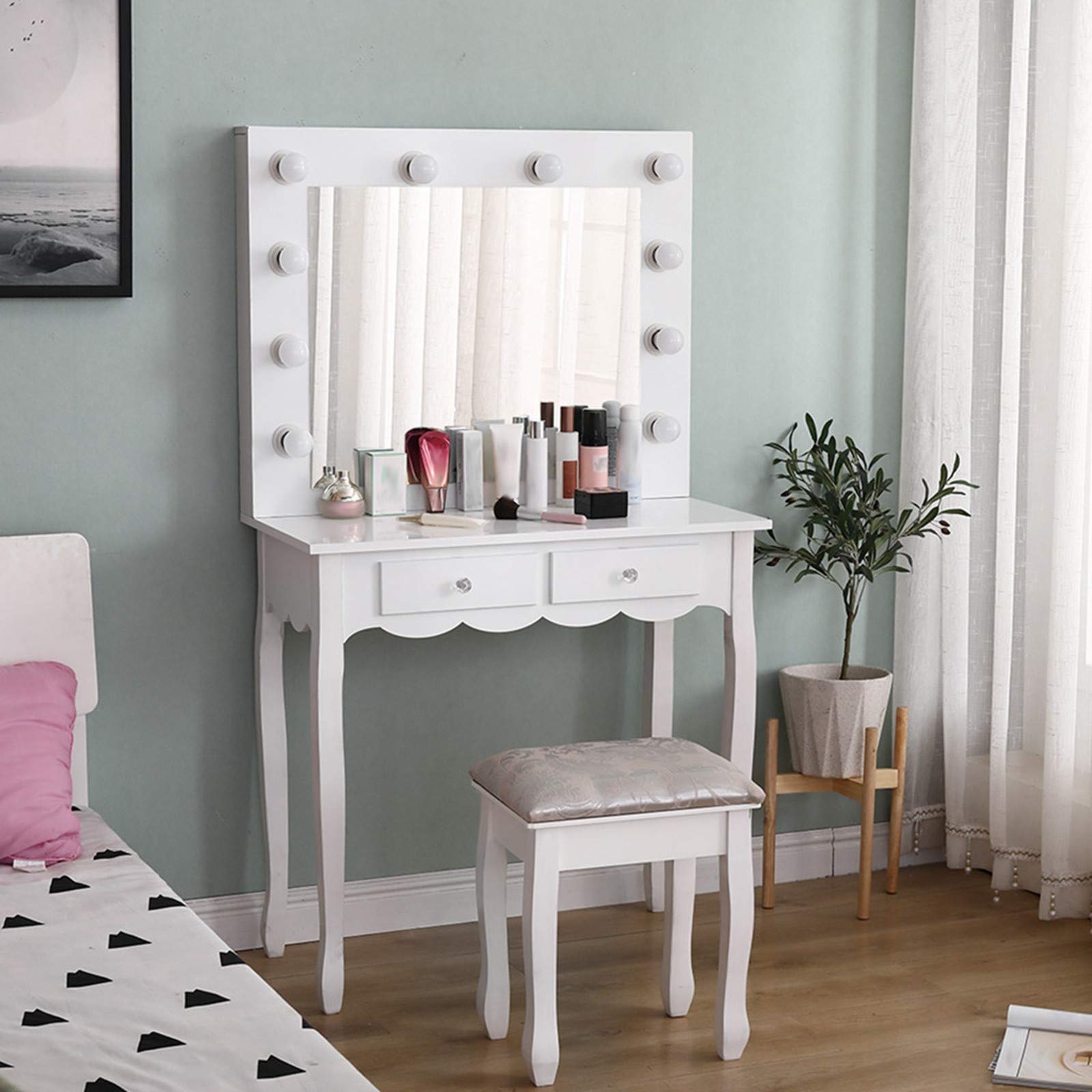 Modern White LED Mirror Vanity Set with Dimmable Lights & Stool - Makeup Dressing Table & Vanity Bench for Bedroom, Bathroom, or Dorm Room