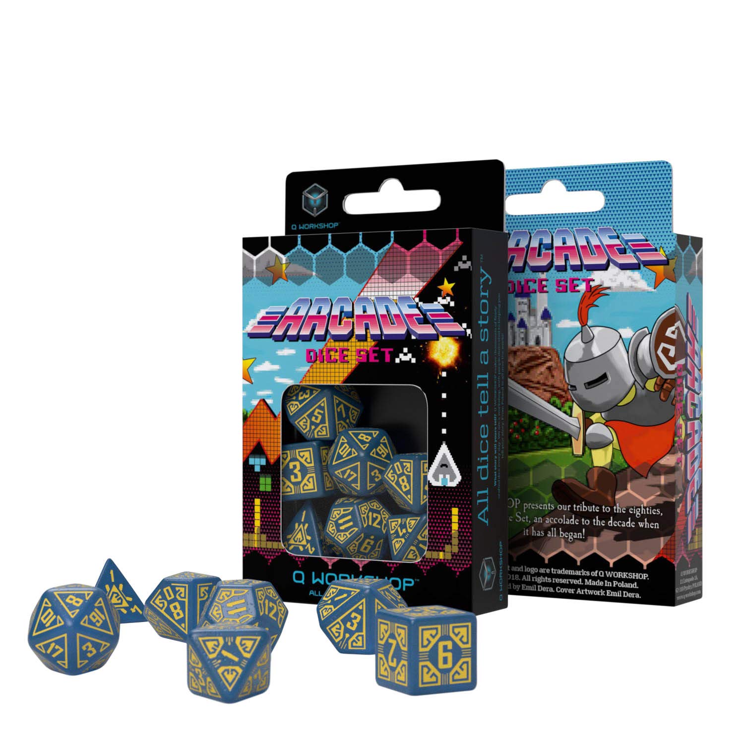 Q-Workshop Arcade Blue & Yellow Dice Set - 7-Piece Polyhedral RPG Dice for Dungeons & Dragons, Pathfinder, MTG - Perfect for Tabletop Gaming & Collectors