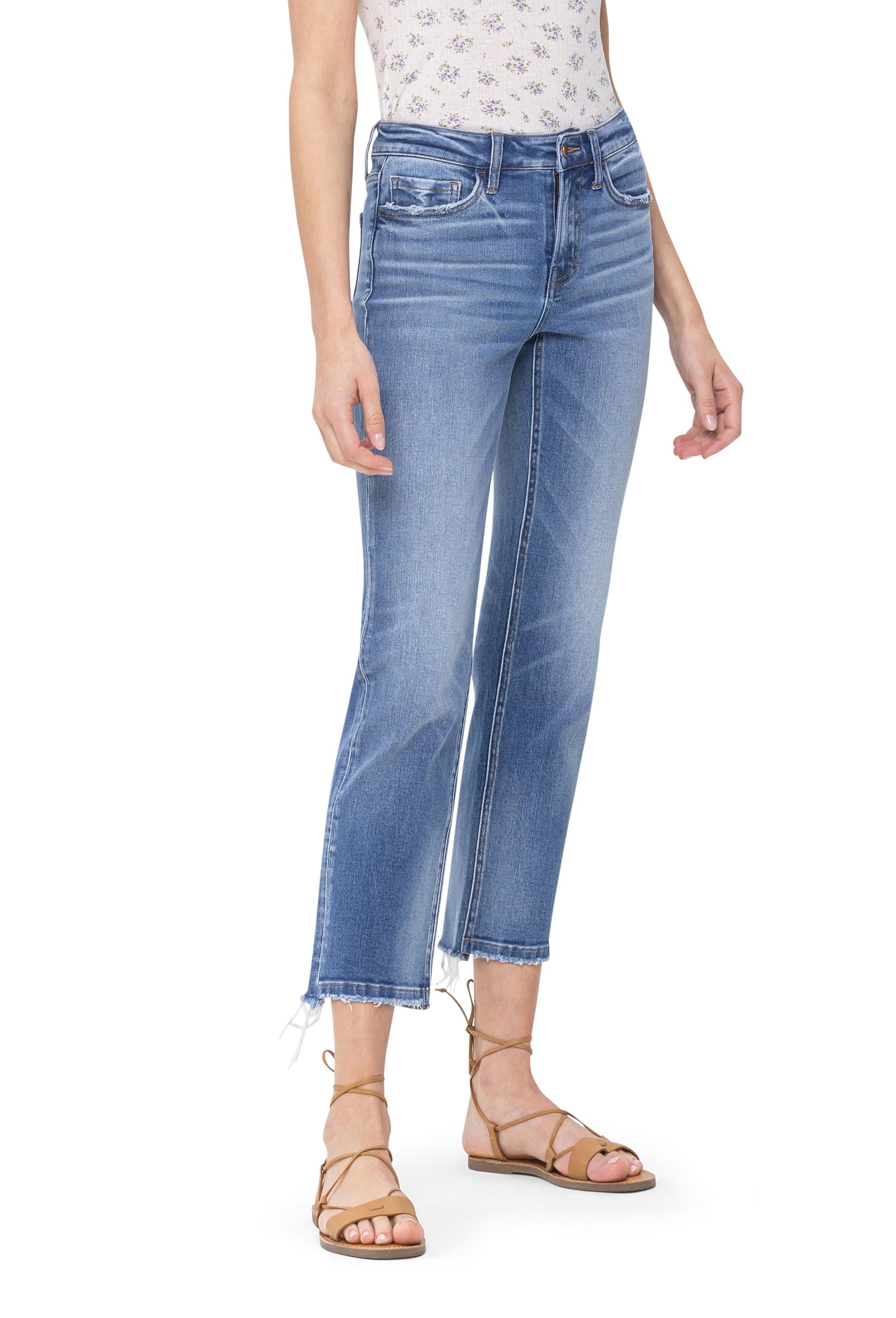 Flying Monkey Women's Mid Rise Crop Straight Jeans - Medium Blue Denim for Casual Wear & Everyday Outfits