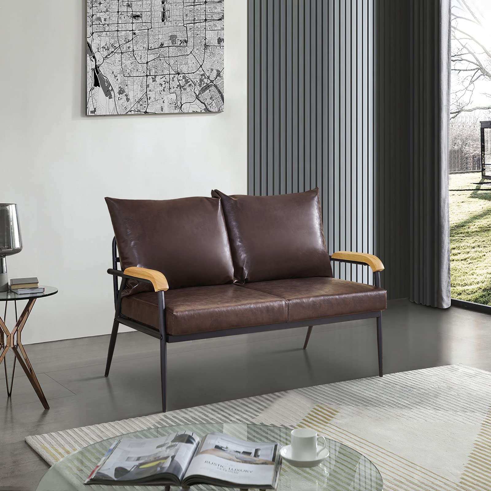LEMROE 2-Seater Faux Leather Modern Sofa Bed with 2 Pillows - Small Space Living Room, Dining Room & Bedroom Furniture (Dark Brown) - Perfect for Apartments, Studios & Cozy Home Decor