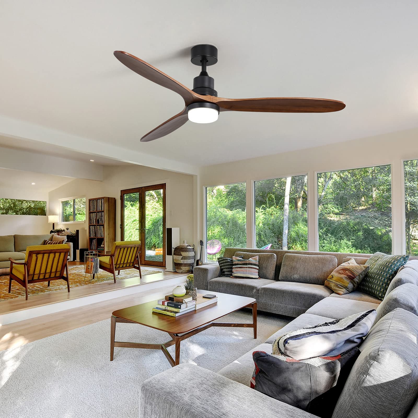 Sofucor 60 Inch Modern Ceiling Fan with Remote Control - Walnut Blades, Dimmable LED Light, Reversible DC Motor - Matte Black Wood Ceiling Fan for Kitchen, Bedroom, Living Room, Dining Room, Basement - Perfect for Home Cooling and Stylish Interior Lighting