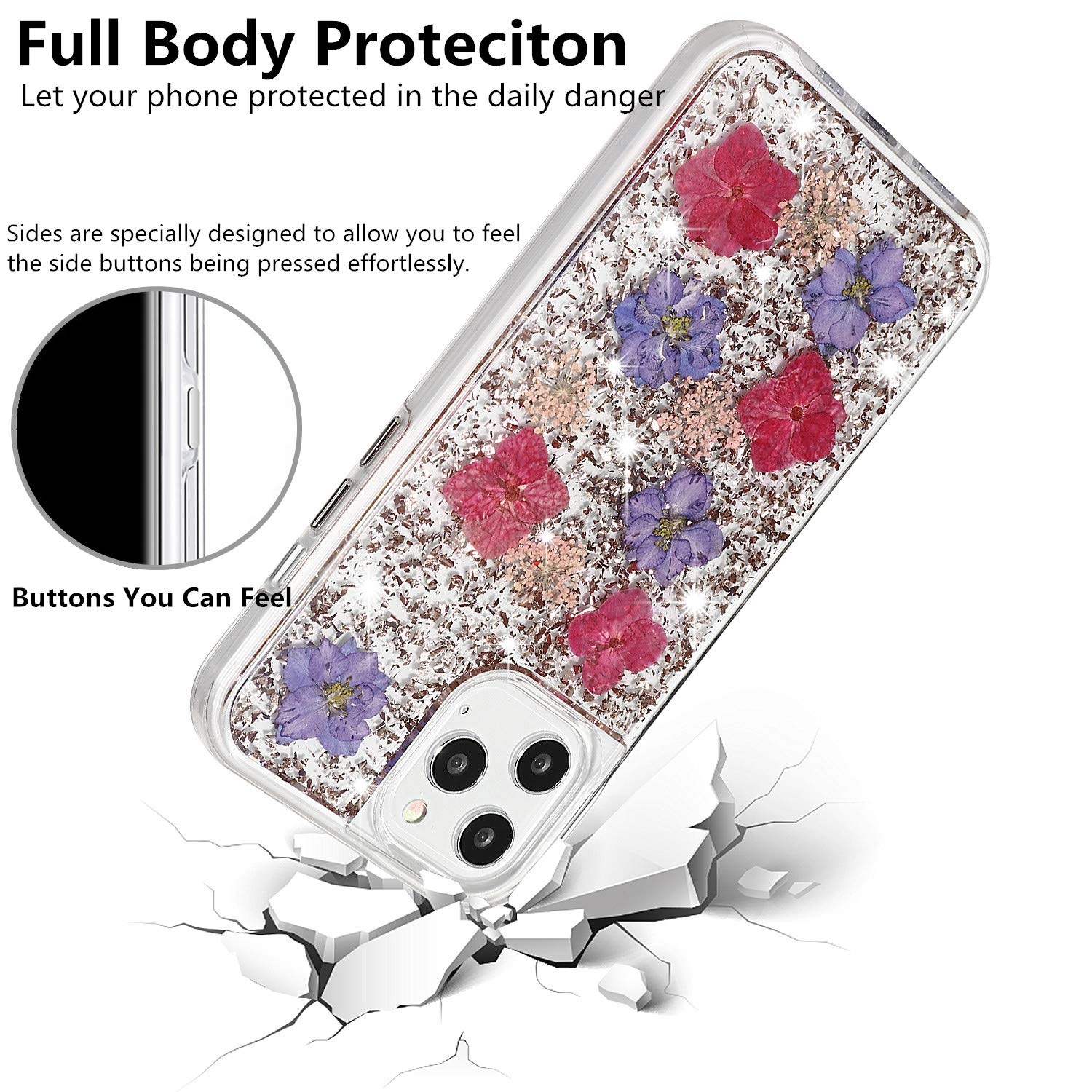 Luxury iPhone 12 Pro Max Case with Floral Glitter Design - 6.7